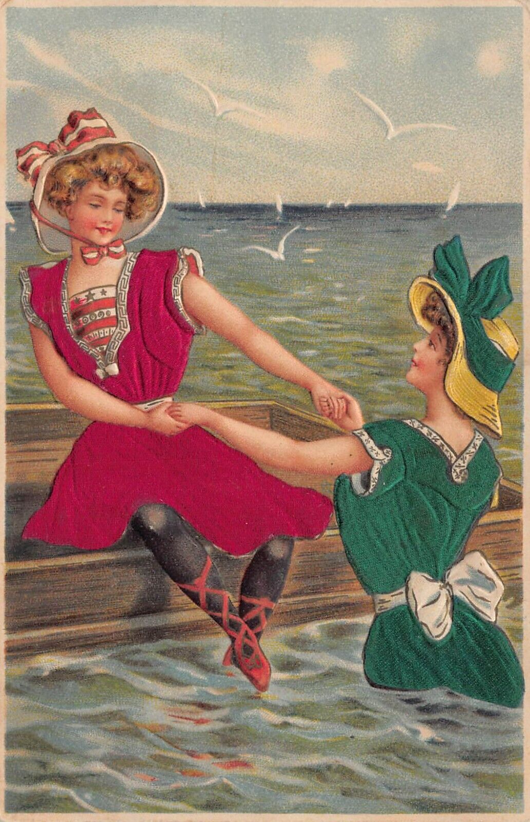 Victorian Ladies Bathing Beauty Swimming Suit Beach Girls Sexy Vtg Postcard Q9