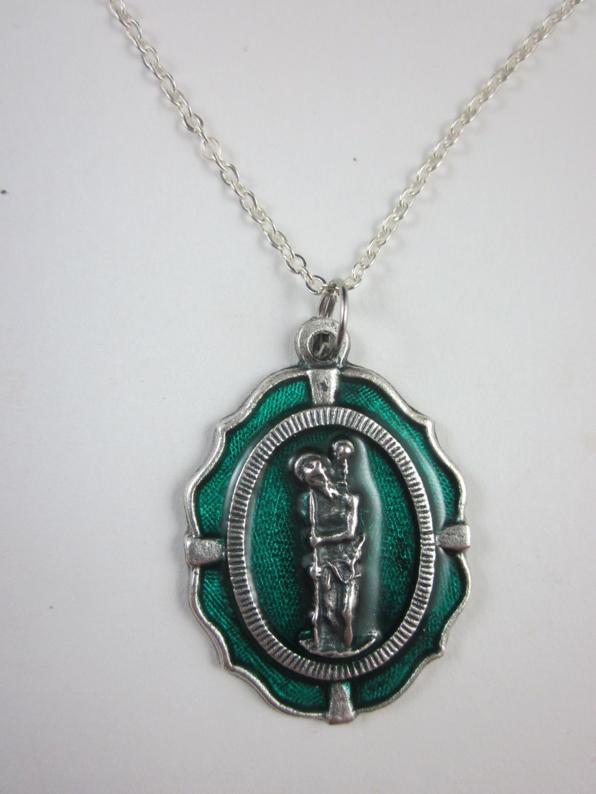 Ladies Large St Christopher Medal Green Enamel Italy Pendant Necklace 20\