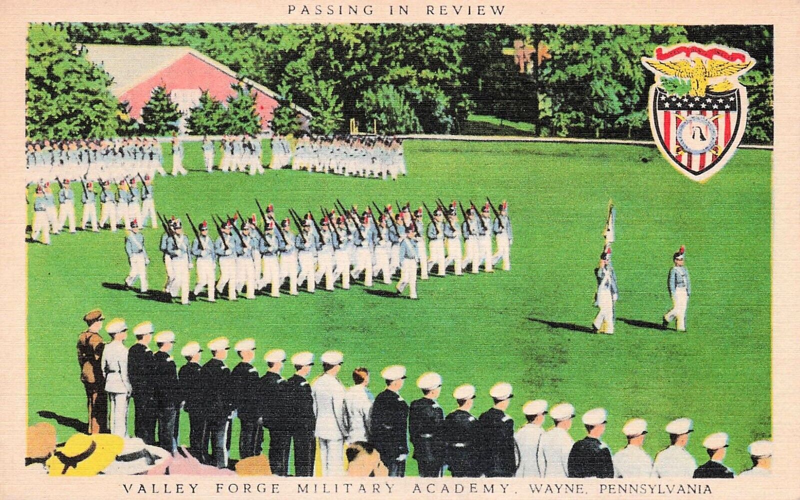 Valley Forge Military Academy Parade Badge Emblem Patriotic Vtg Postcard D56