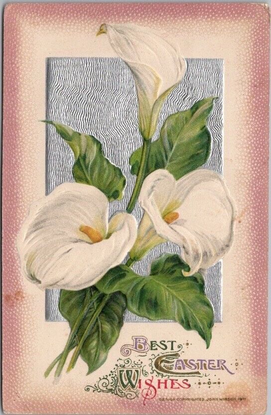 Vintage WINSCH EASTER Embossed Greetings Postcard White Lily Flowers c1911