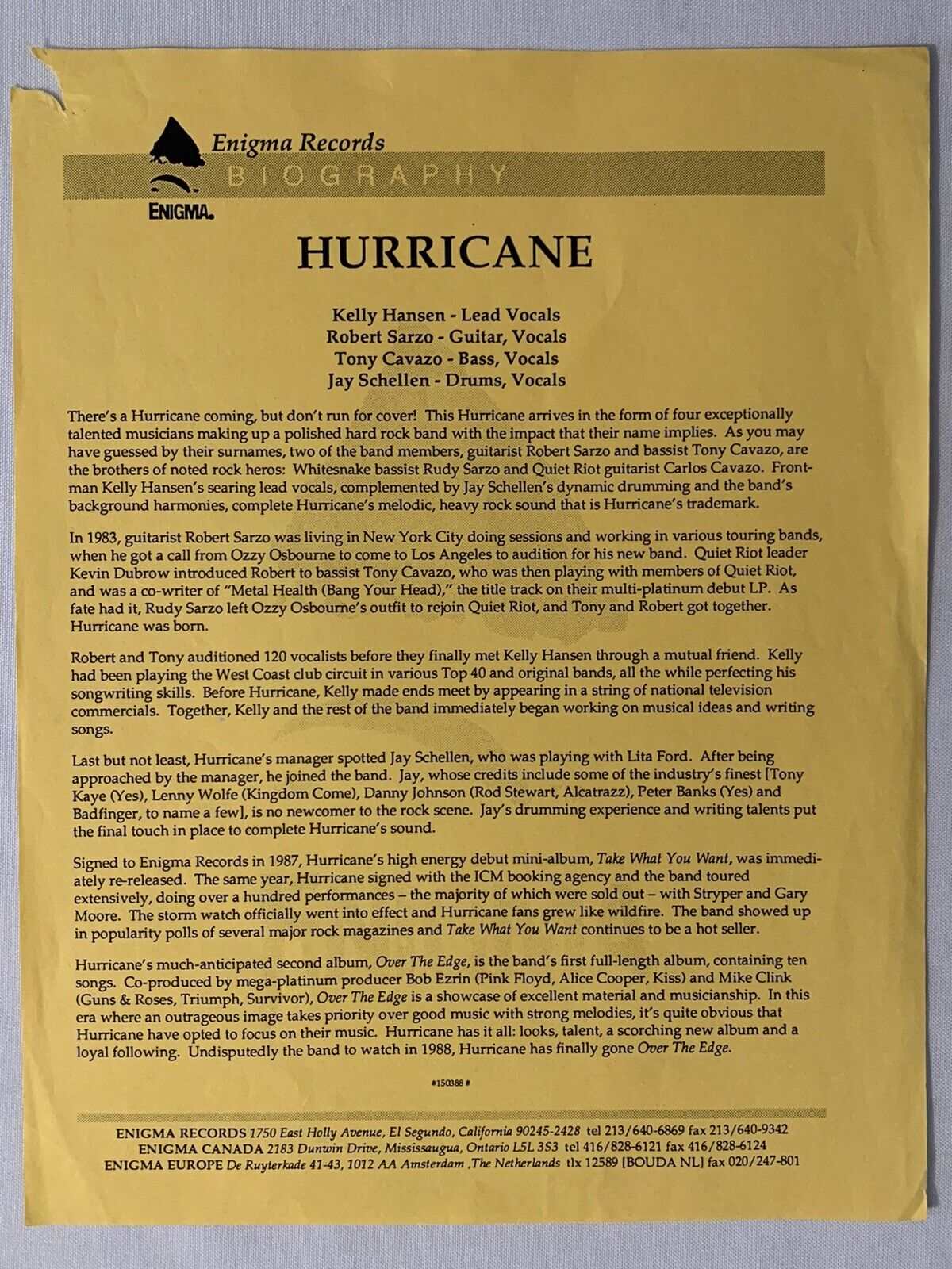 Hurricane Press Release Biography Original Vintage Enigma Records Promo 1988
