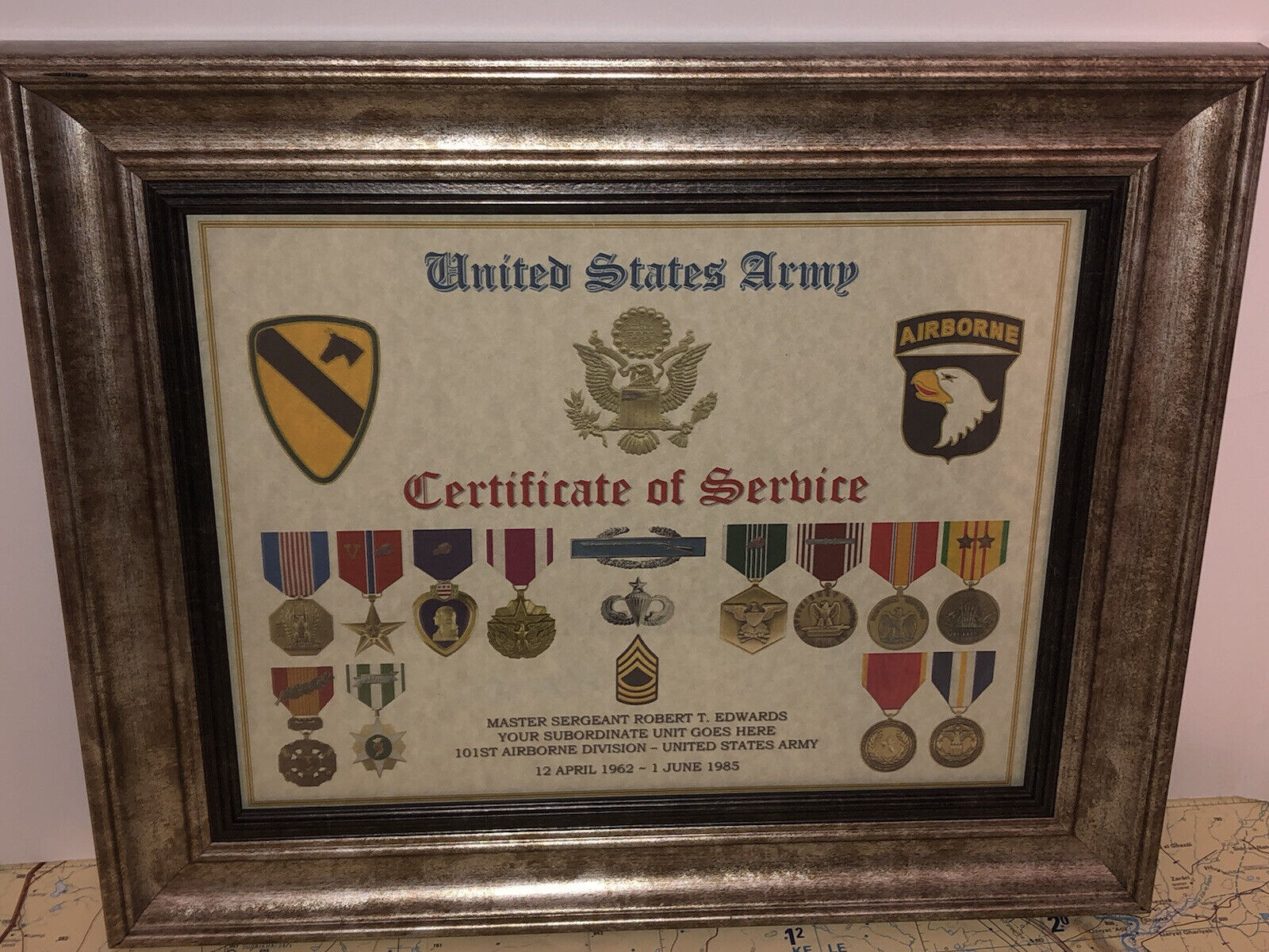 U.S. ARMY CERTIFICATE OF SERVICE / SHADOW BOX PRINT / W-MEDALS 