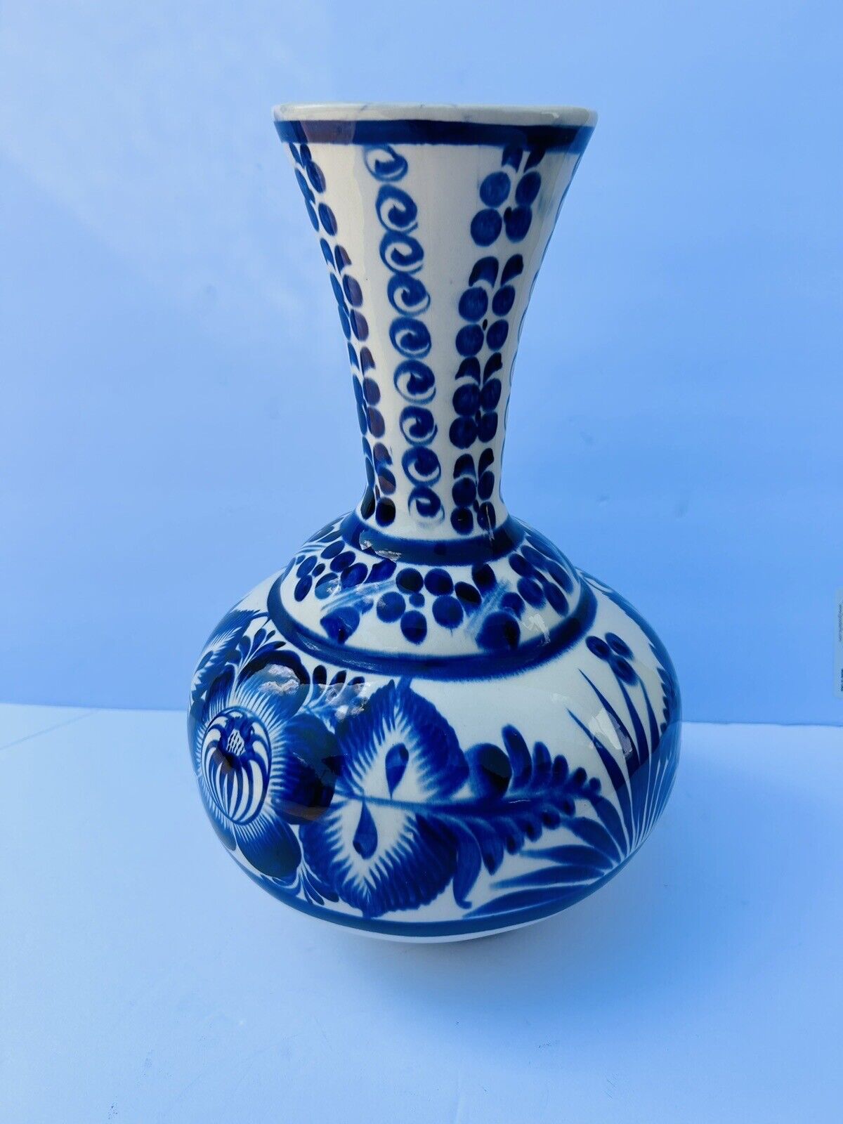 Vintage Mexican Glazed Handpainted & Glazed Deep Blue Art Vase 12.5 In Height