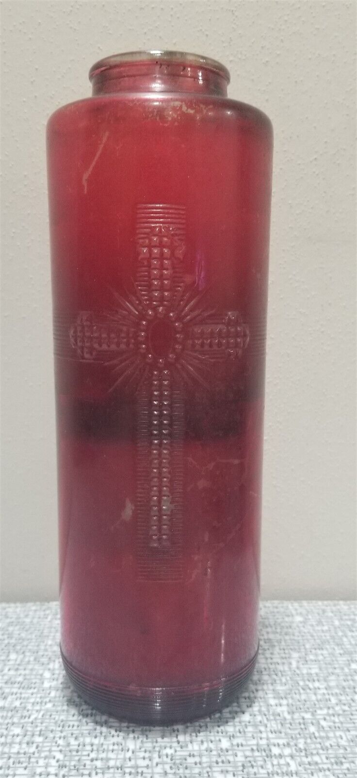 Vtg 1950s CATHOLIC Church Sanctuary Glass CANDLE Vase EMBOSSED CROSS Red w/Wax