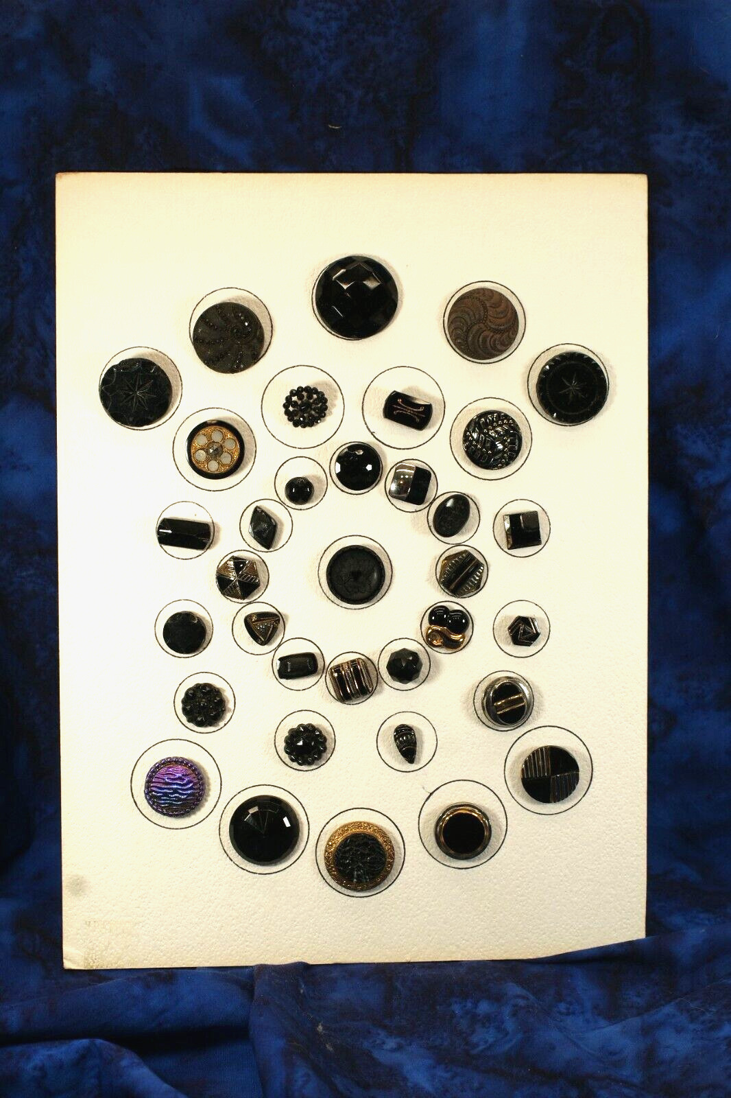 Vintage & Antique Buttons, Black Glass on Collector Display Card, 35 Buttons