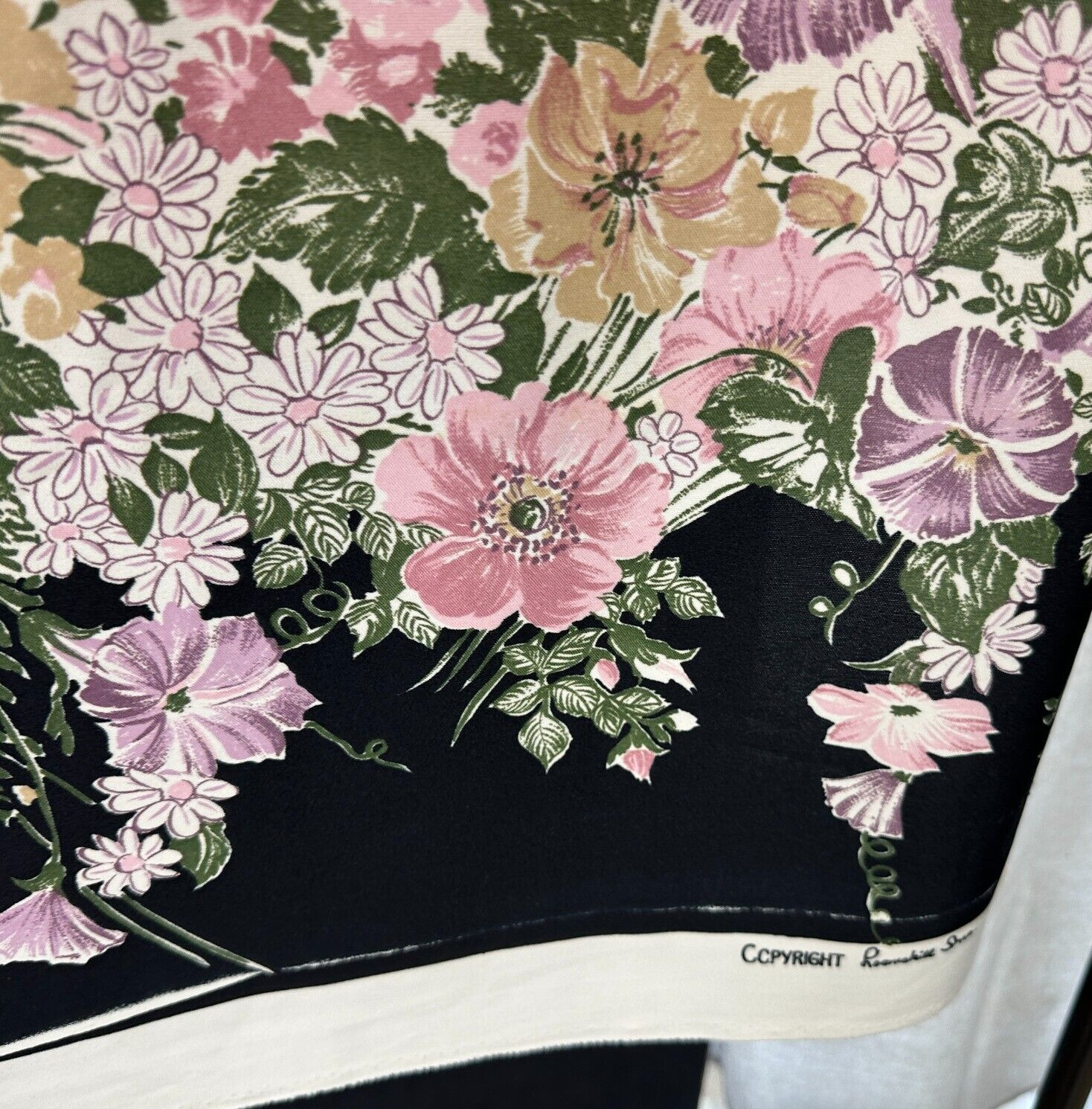 Vintage Loomskill Material Fabric 1970s Floral Bold Watercolor Pink Black Retro