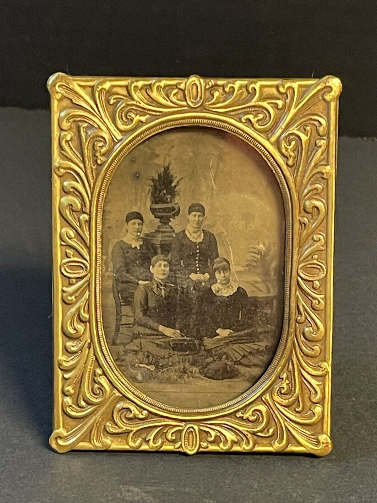 Antique Young Ladies Women Sisters Tintype Photograph Brass Frame 3 1/2\