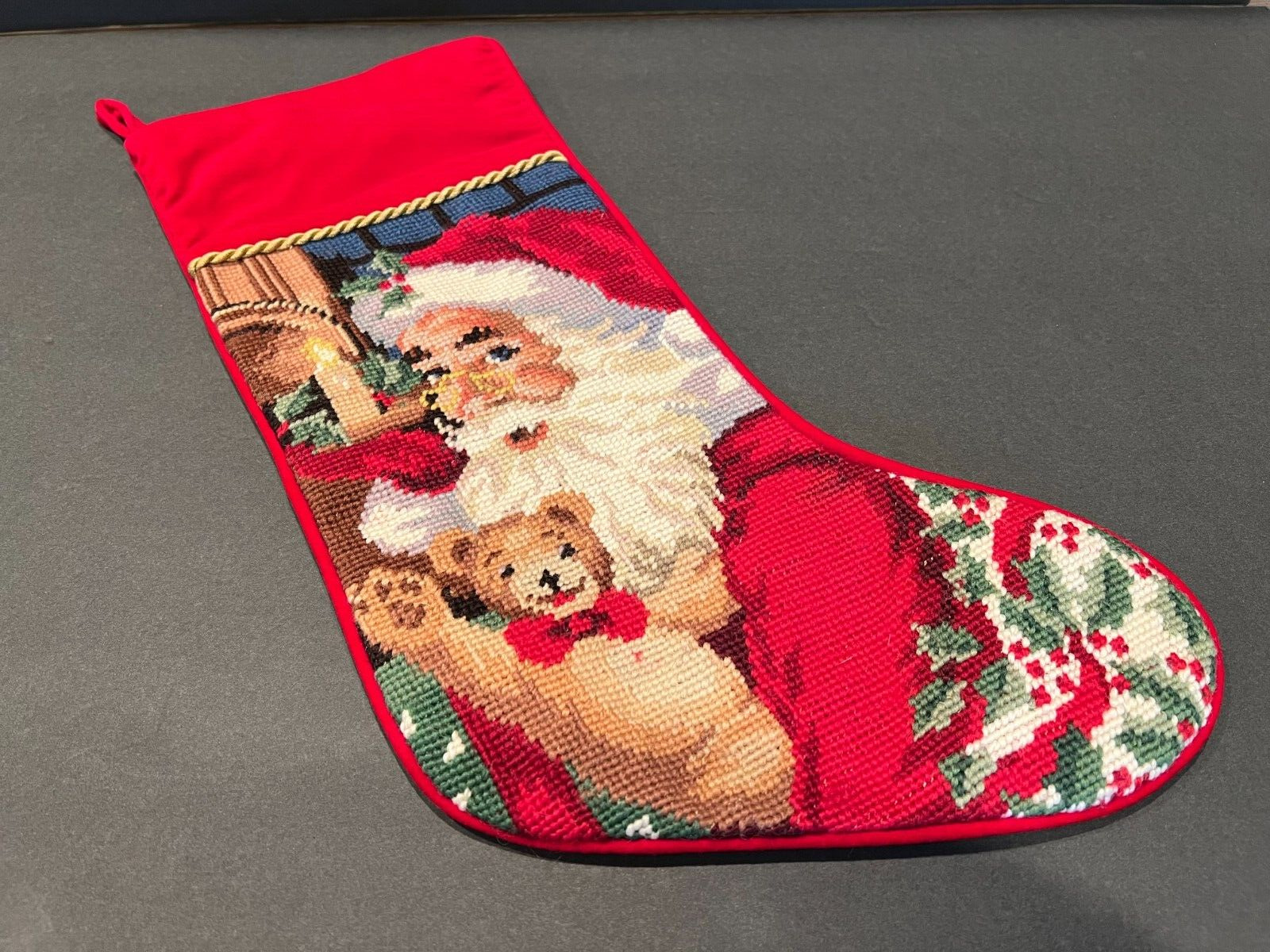 Christmas Stocking Santa Teddy Bear Wool Velvet Needlepoint 17\