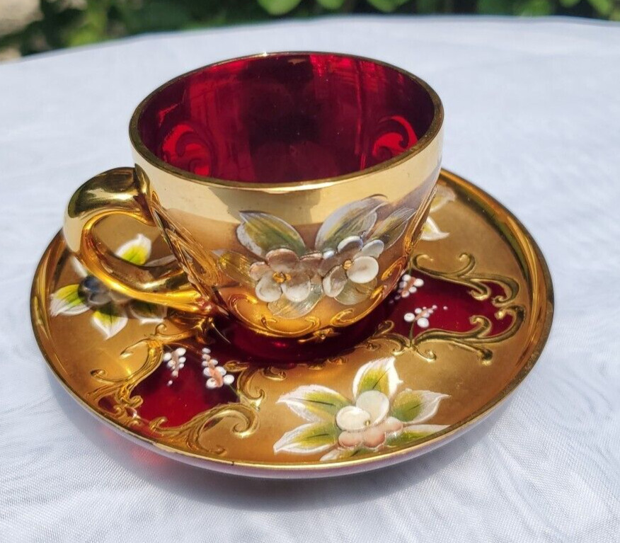 Vintage Murano Italy Ruby Red Gold Floral Demi Cup and Saucer