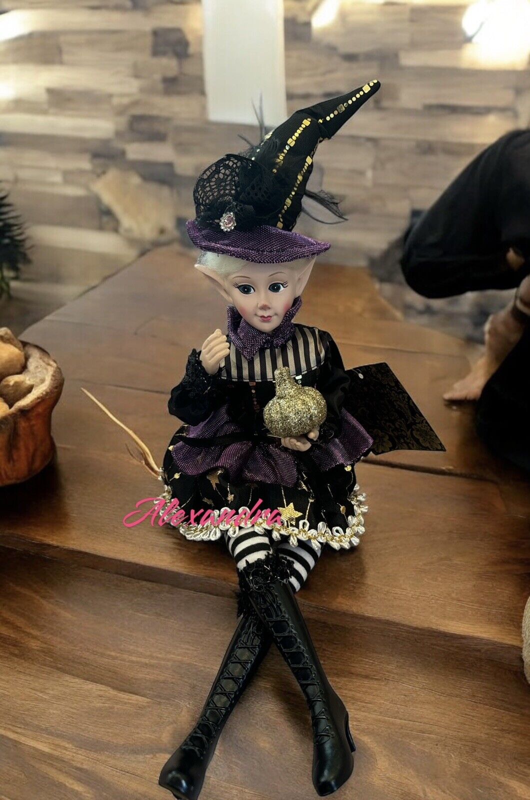 Halloween 19” Elf Fairy Witch Shelf Sitter Glitter Pumpkin Possible New