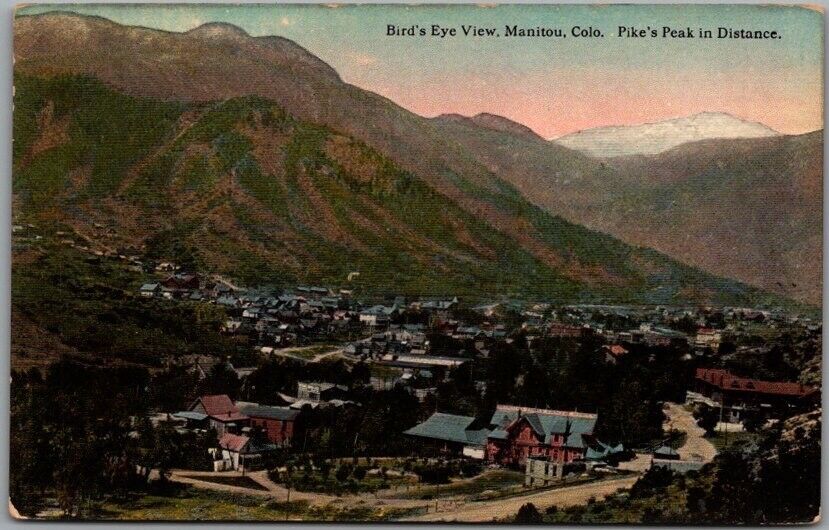 Manitou, Colorado Postcard Bird\'s-Eye Panorama with Pike\'s Peak View c1920s