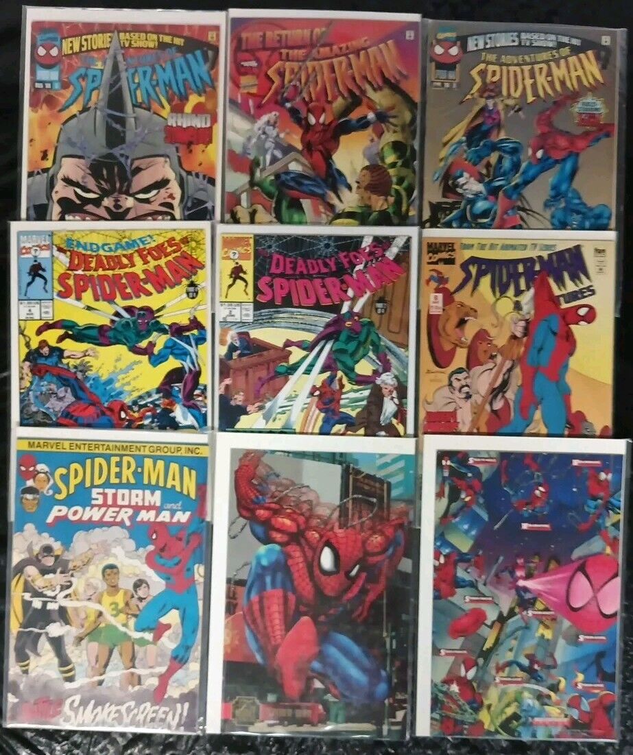 Spiderman Comic Lot Of 7 + Fleer Flair Annual Card And Mark Bagley Master Prints