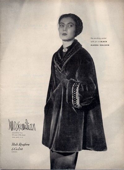 1949 Holt, Renfrew & Co. PRINT AD Maximilian Fashion Black Alaskan Sealskin coat