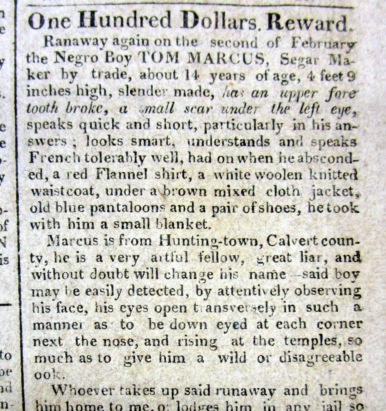 1813 Baltimore newspaper w Reward ad fr RUNAWAY NEGR0 SLAVE Fells Point MARYLAND