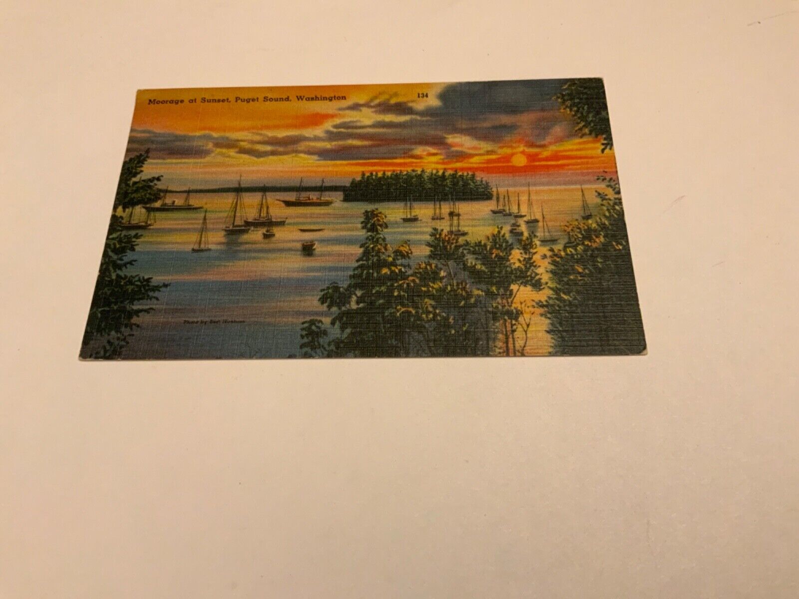 Puget Sound, Washington ~ Moorage at Sunset - 1940s Linen Vintage Postcard