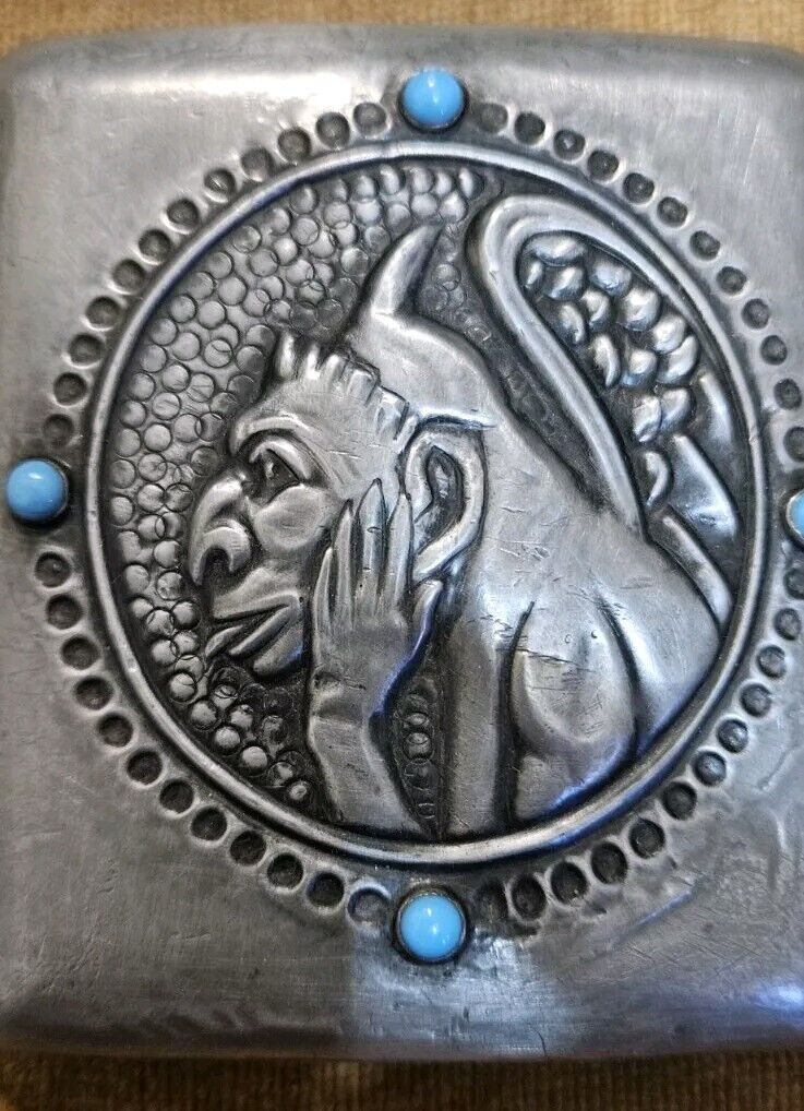 Scary Gargoyle, Devil Pewter,Antique Cigarette Case with Turquoise Beads