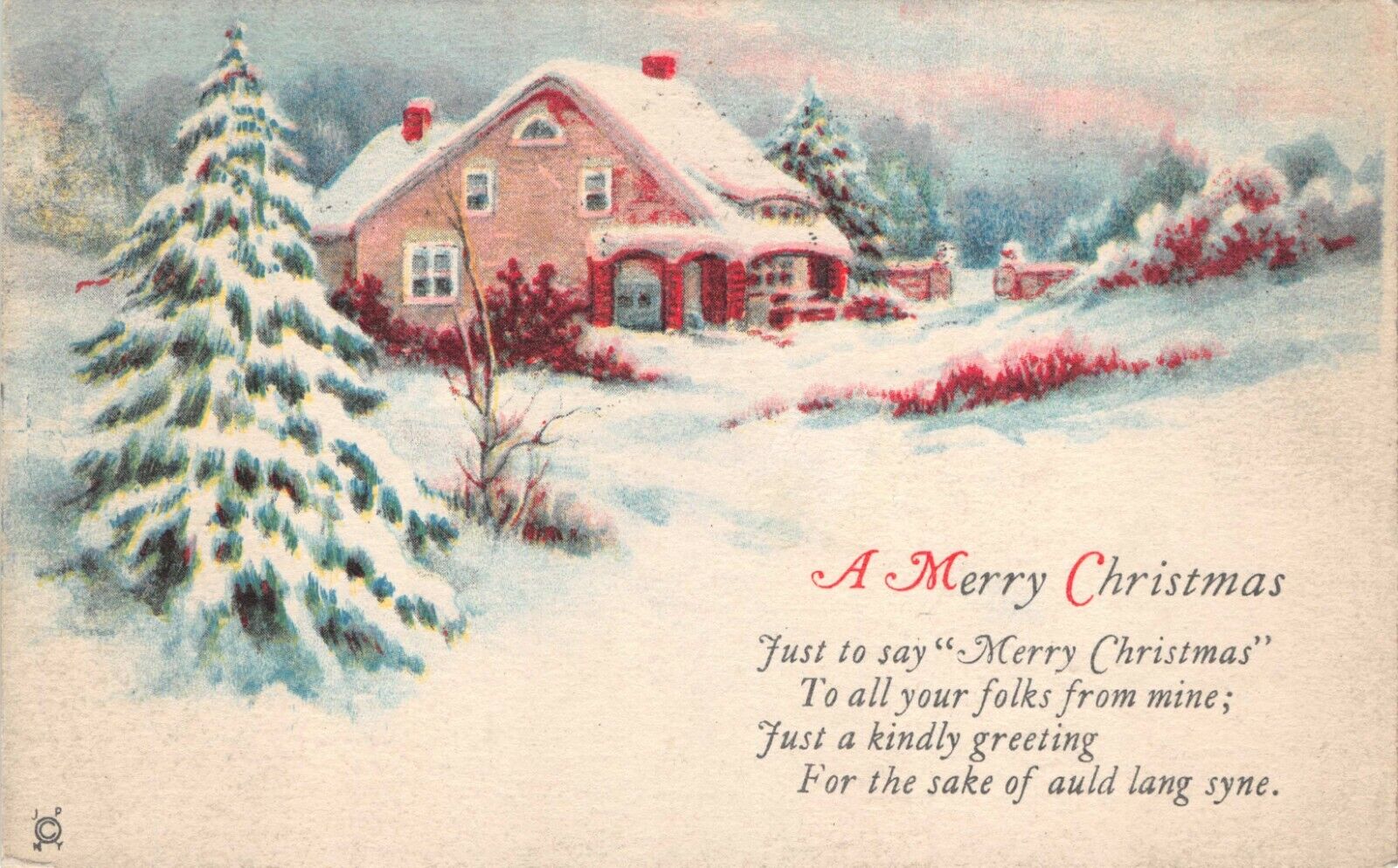 Vtg.  1925 A Merry Christmas Auld Land Syne Snowy Scene Postcard p829