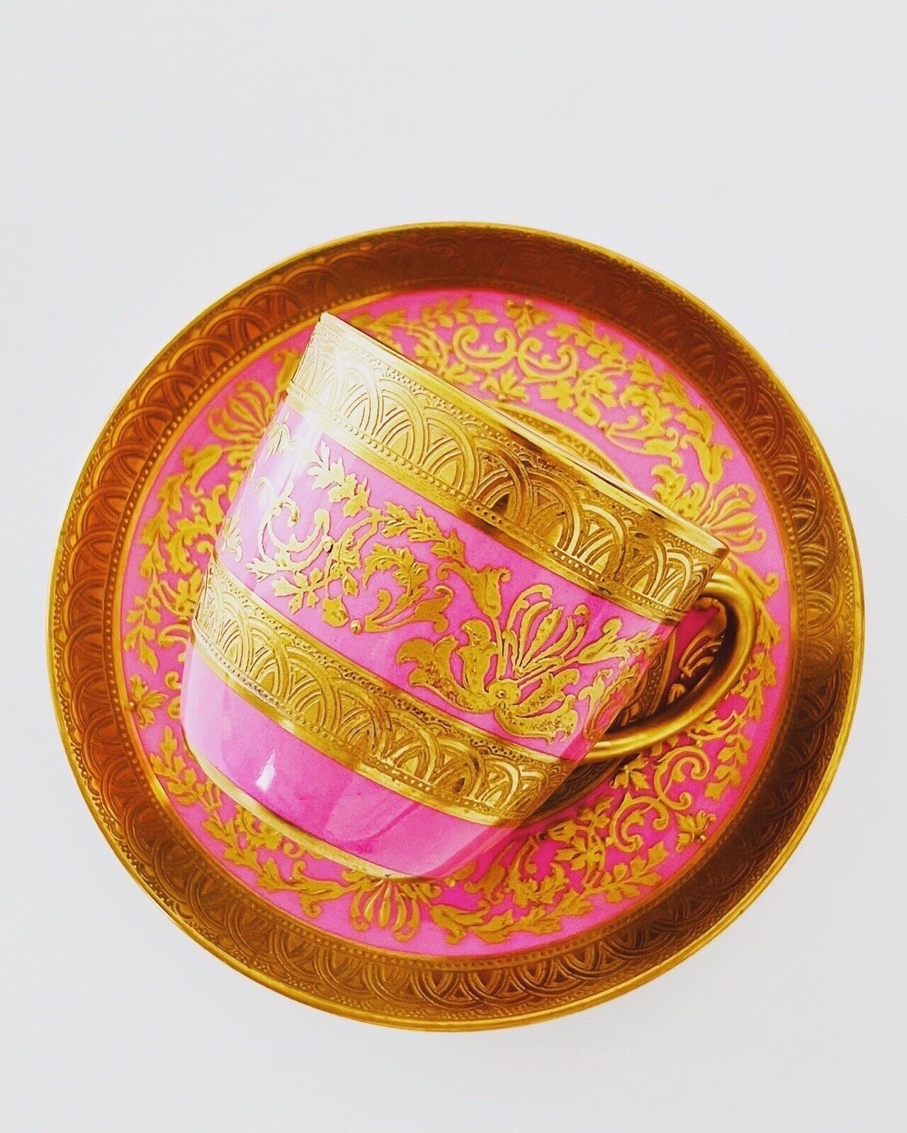 Antique Cauldon Pink Gold Encrusted Demitasse Coffee Cup Saucer 1900’s Coalport