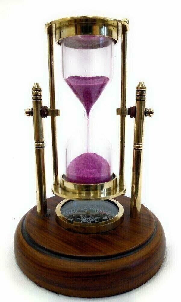 Brass Antique Sand Timer With Compass On Wooden Base Hour Glass Gift