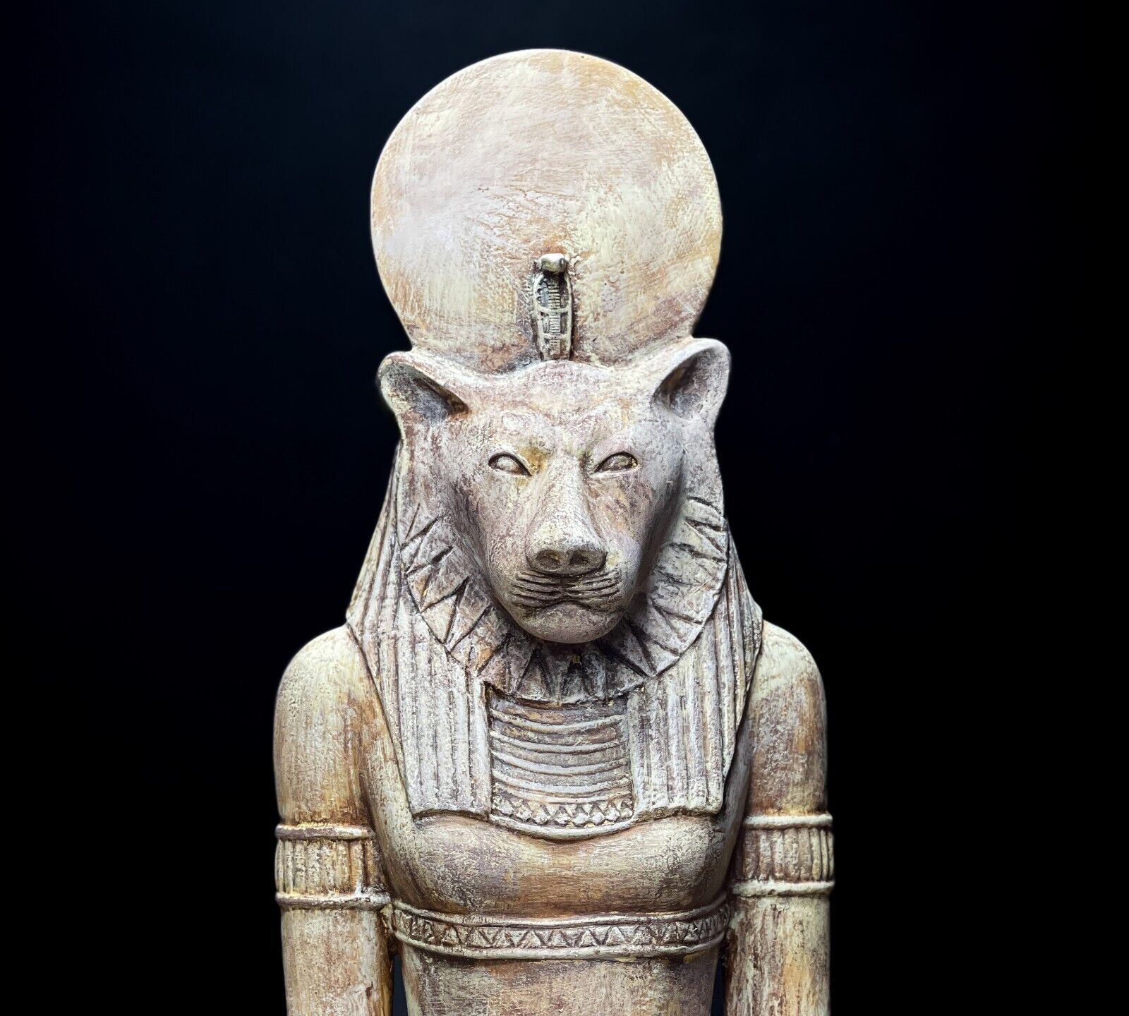 Ancient Egyptian Lion Goddess Sekhmet Statue Wearing A Sun Disc with the Cobra