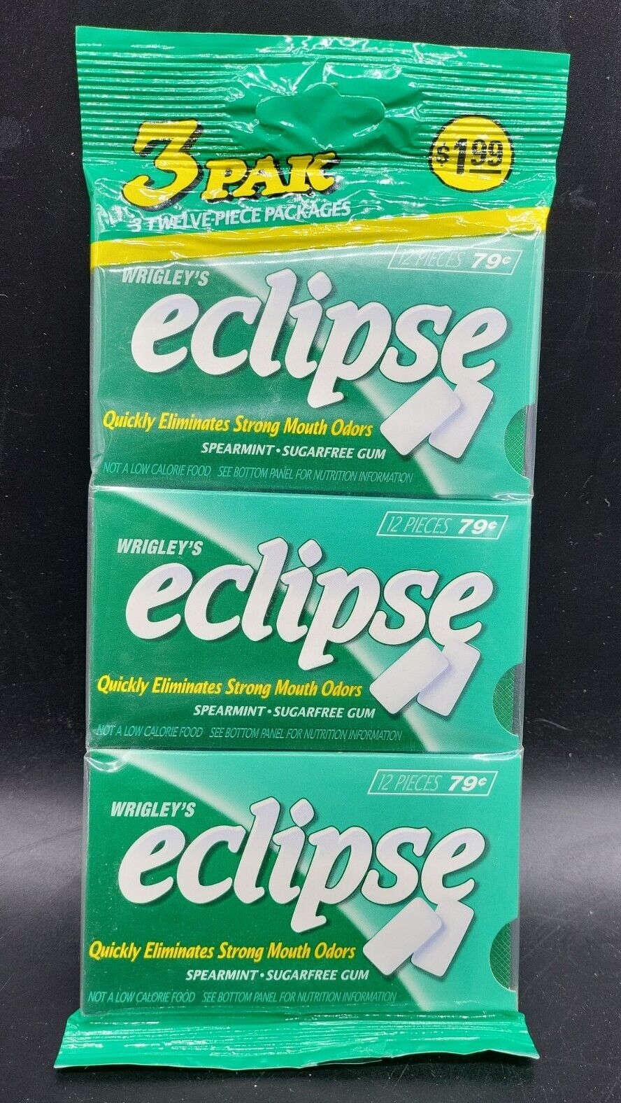 Vintage Wrigley Chewing Gum Pack Full, New. Eclipse Spearmint 3 Pack 12 Pc 
