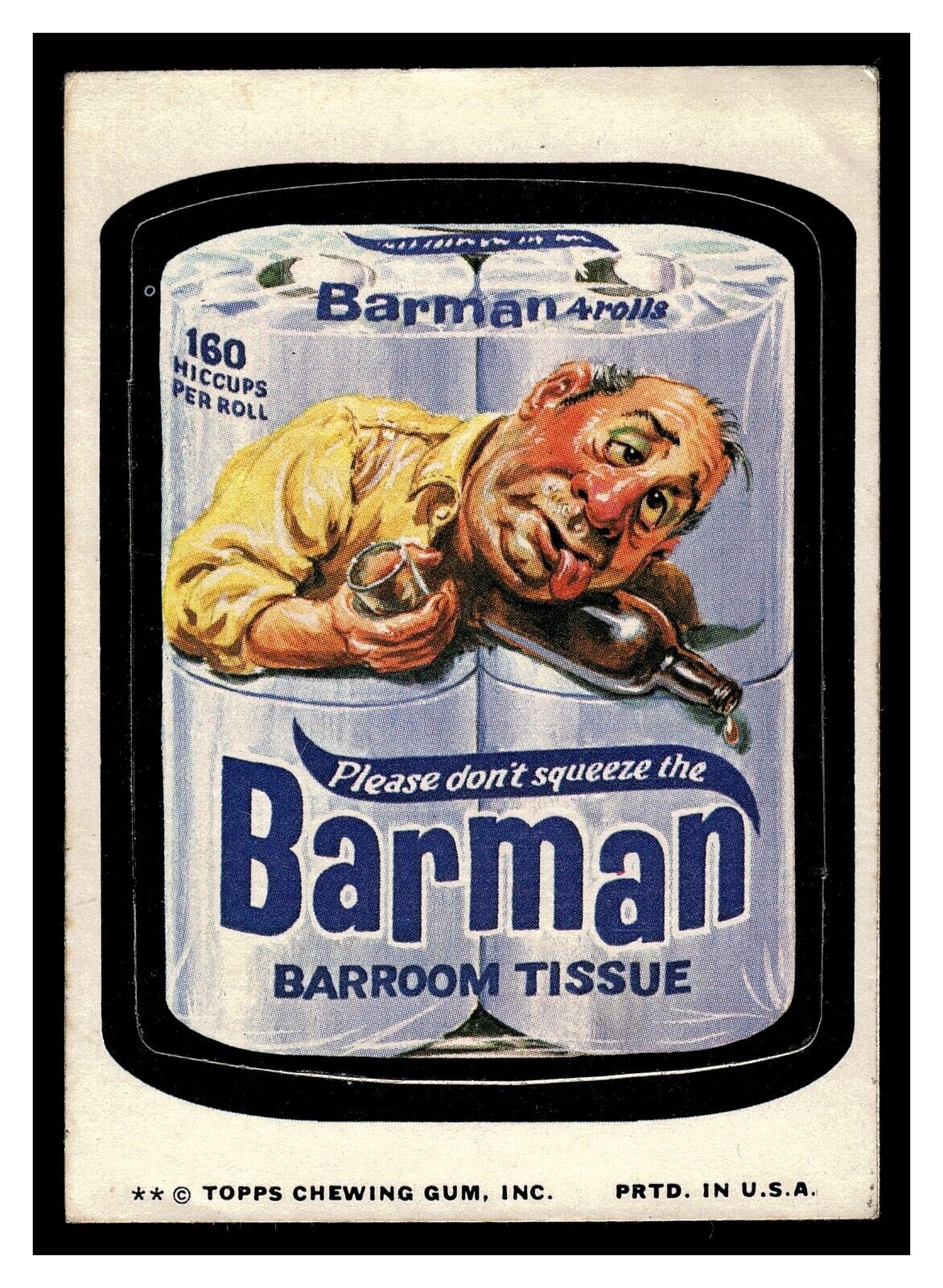 1975 TOPPS WACKY PACKAGES BARMAN BARROOM TISSUE DON\'T SQUEEZE SERIES 12 TAN BACK