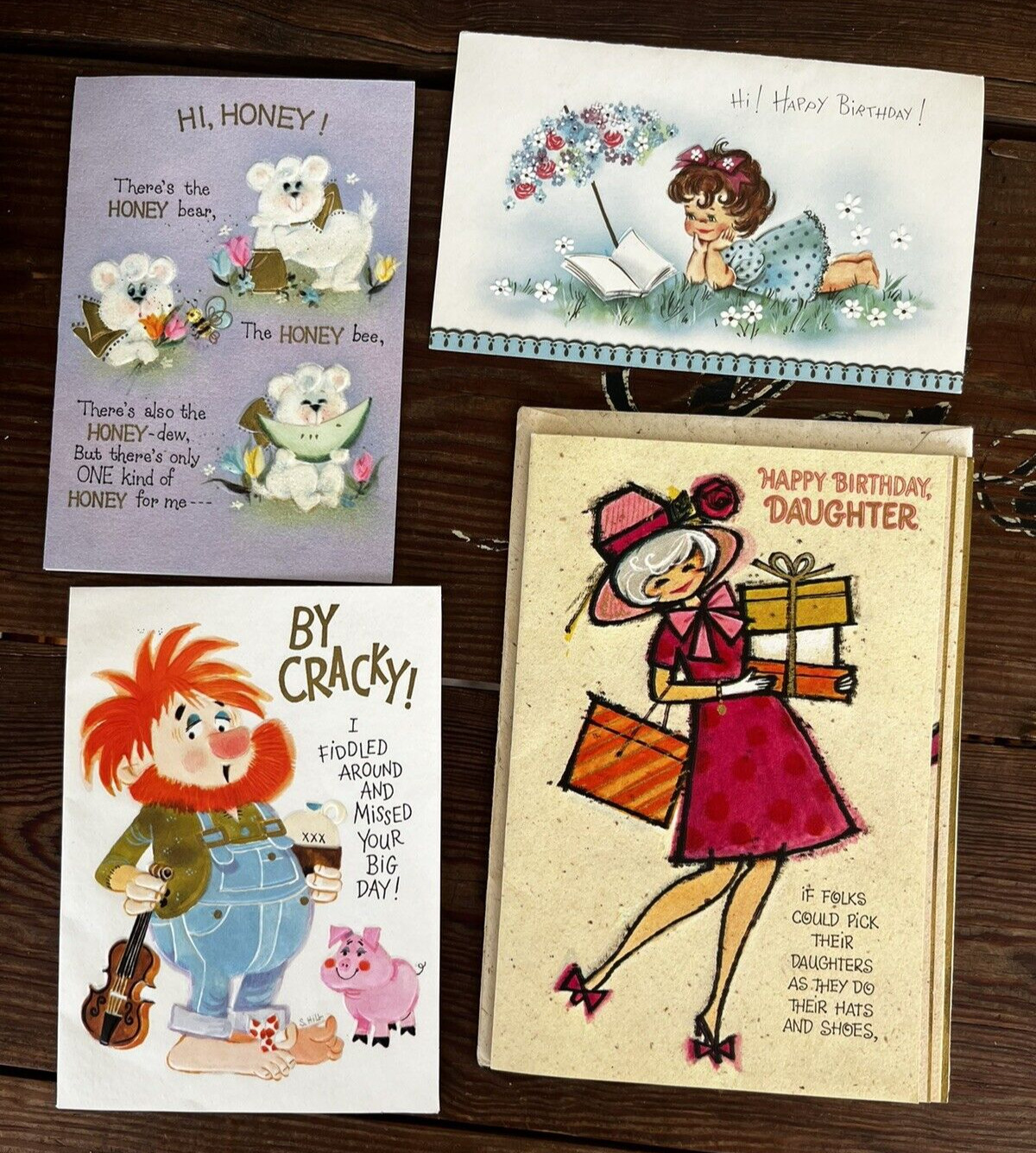 Lot of 4 Vintage Used Birthday Greeting Cards  1960's Scrapbooking Crafts