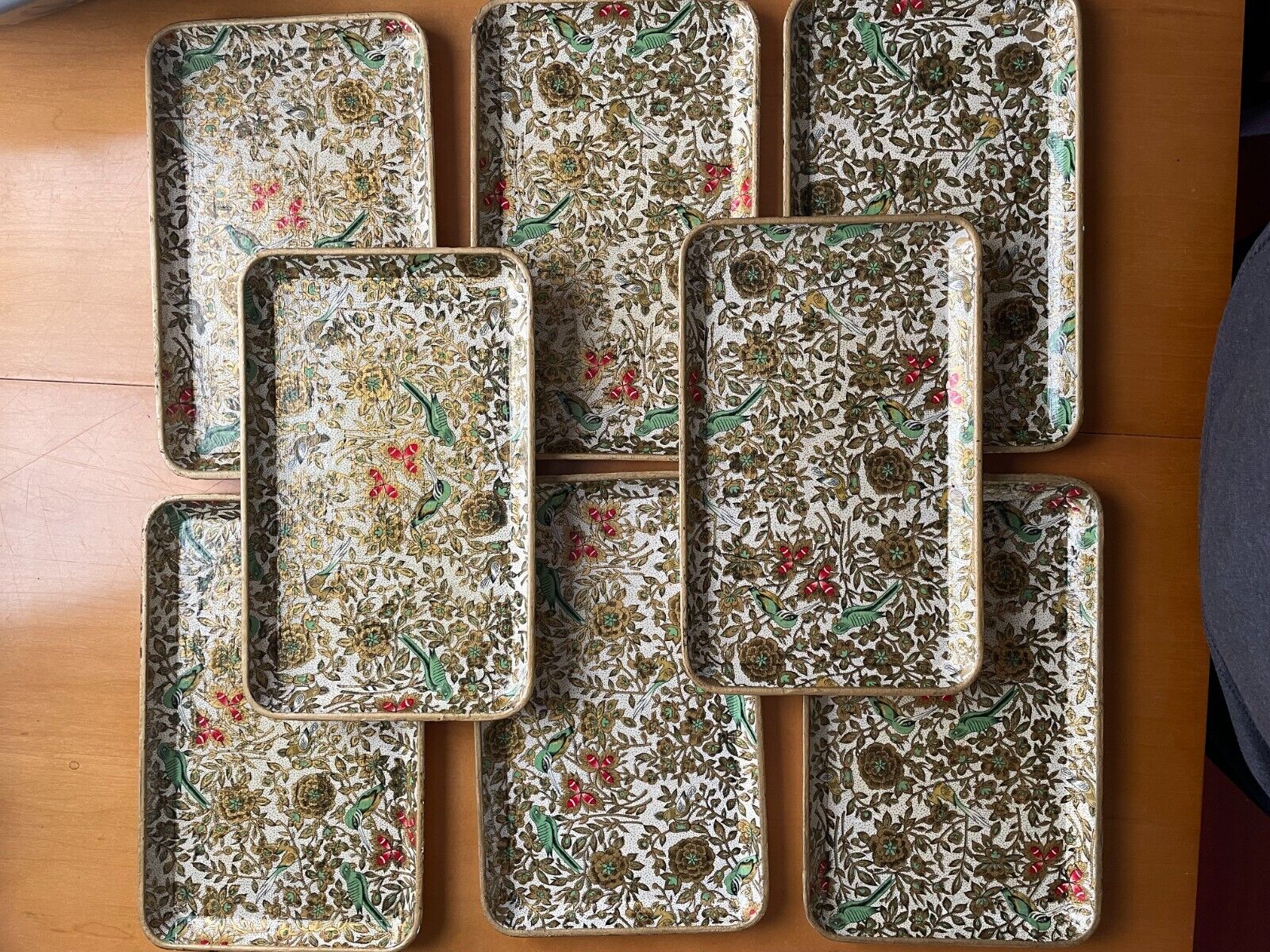 Vintage Canape  snack trinket paper trays japan birds/floral set of 8 