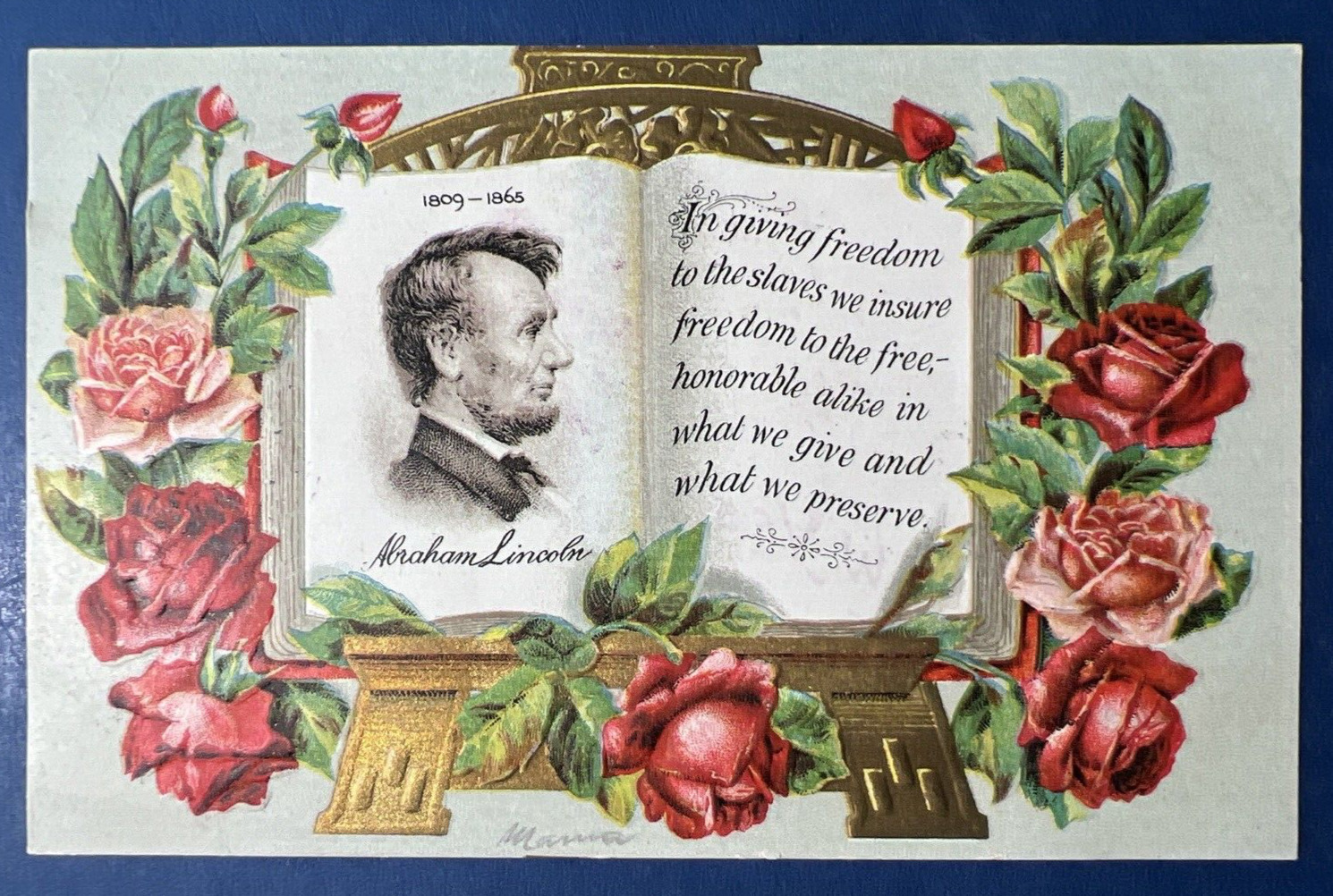 Nice Lincoln Patriotic Antique Postcard. EMB Gold Trim. Unposted. PUBL: Anglo Am