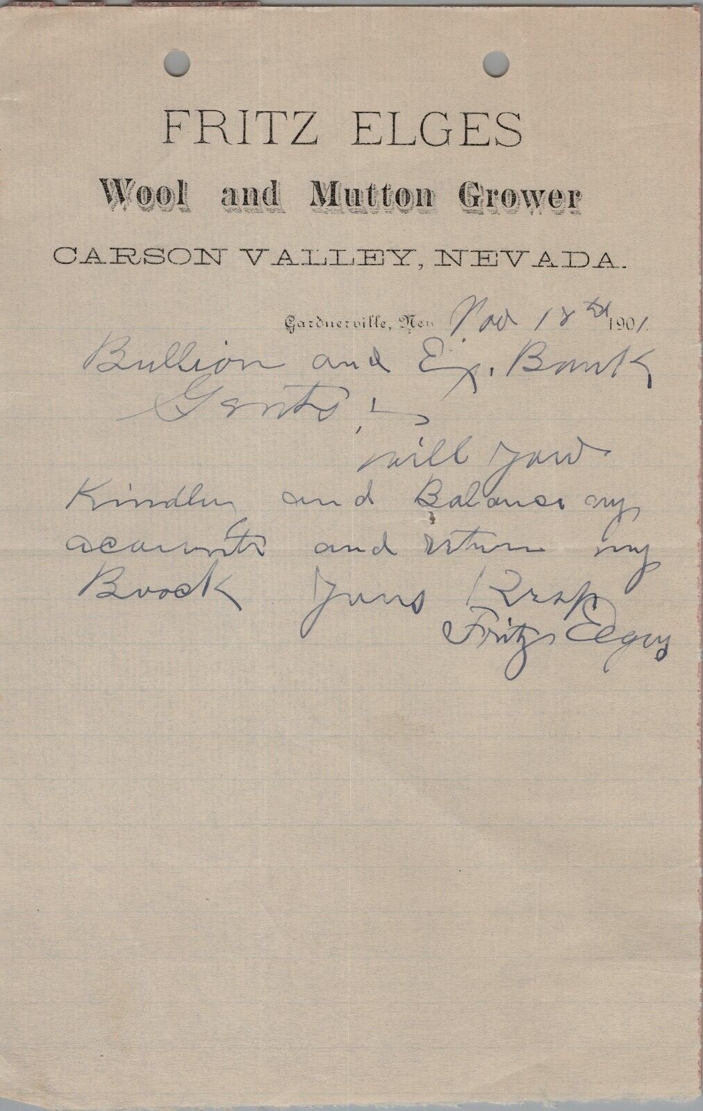 1901 Billhead Fritz Elges Wool and Mutton Grower Carson Valley, Nevada RARE