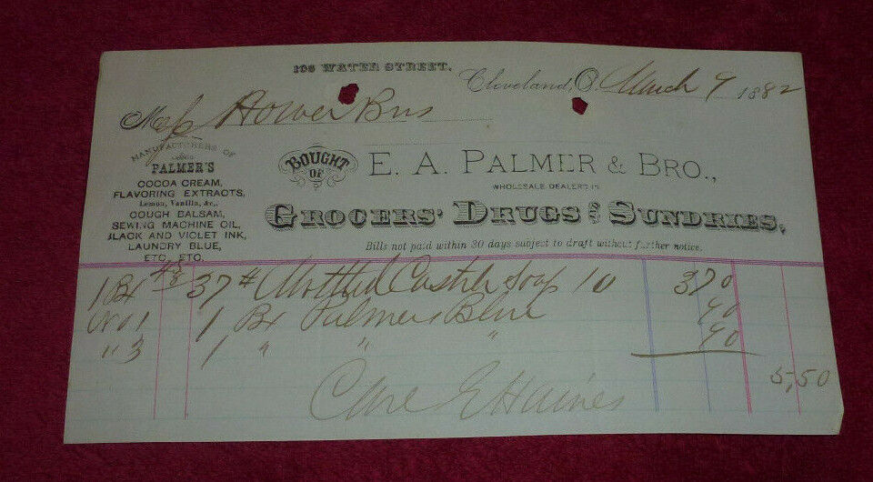 1882 E.A. Palmer & Bro. Grocers Drugs Sundries Cleveland OH Billhead