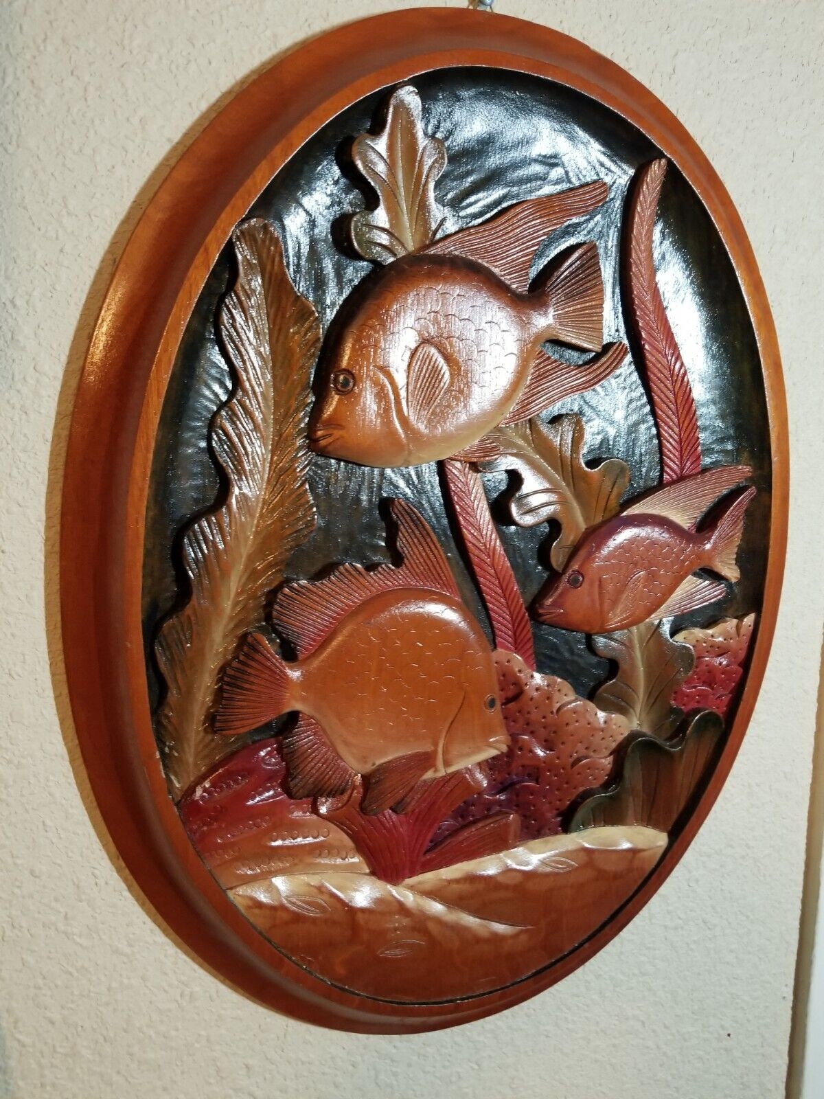 Vintage Hand Carved Painted Wood Wall Hanging 3 Fish Under Water Life17\