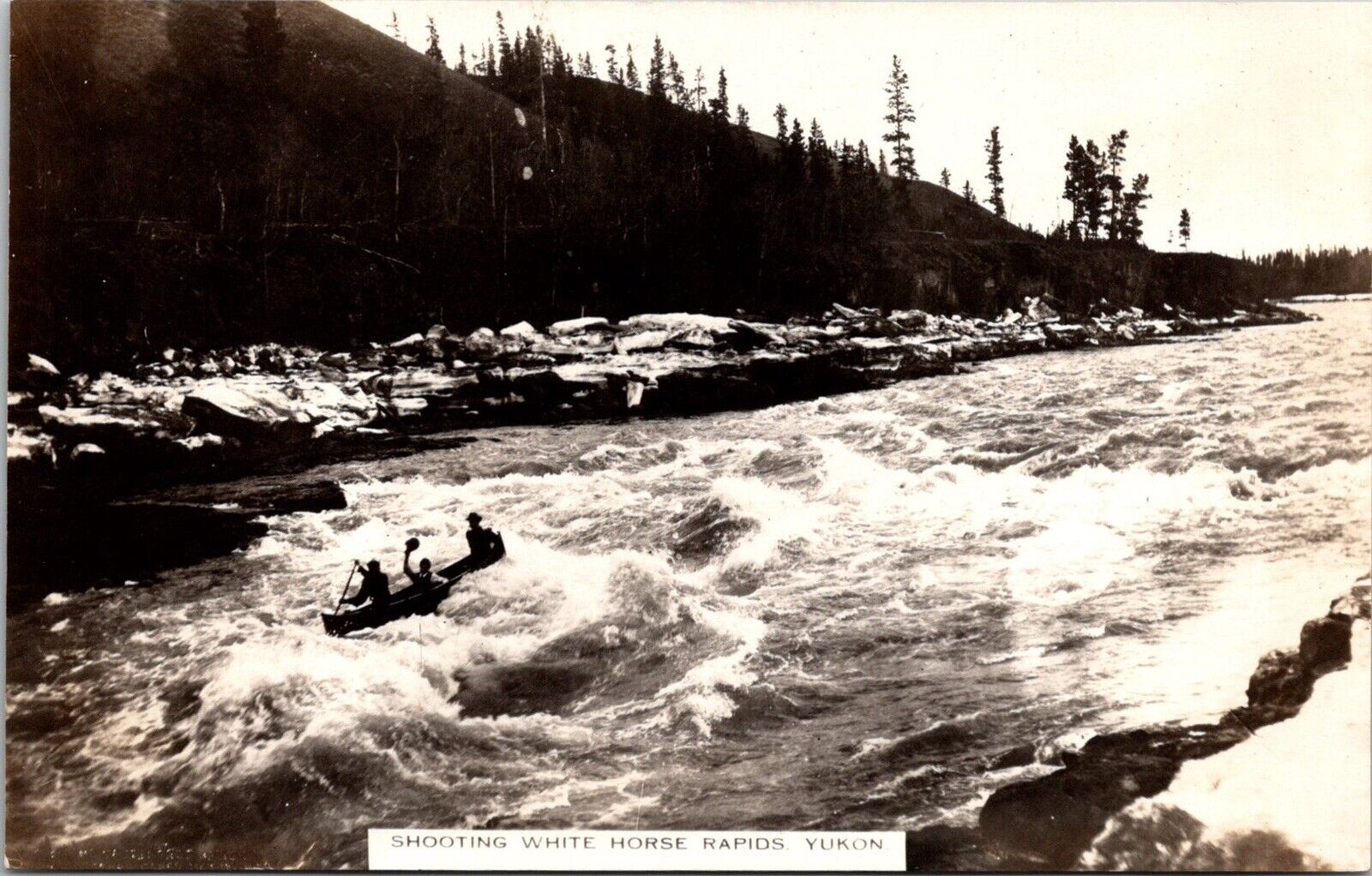 Vtg 1930s RPPC Postcard Boat Shooting White Horse Rapids Yukon Canada Unposted