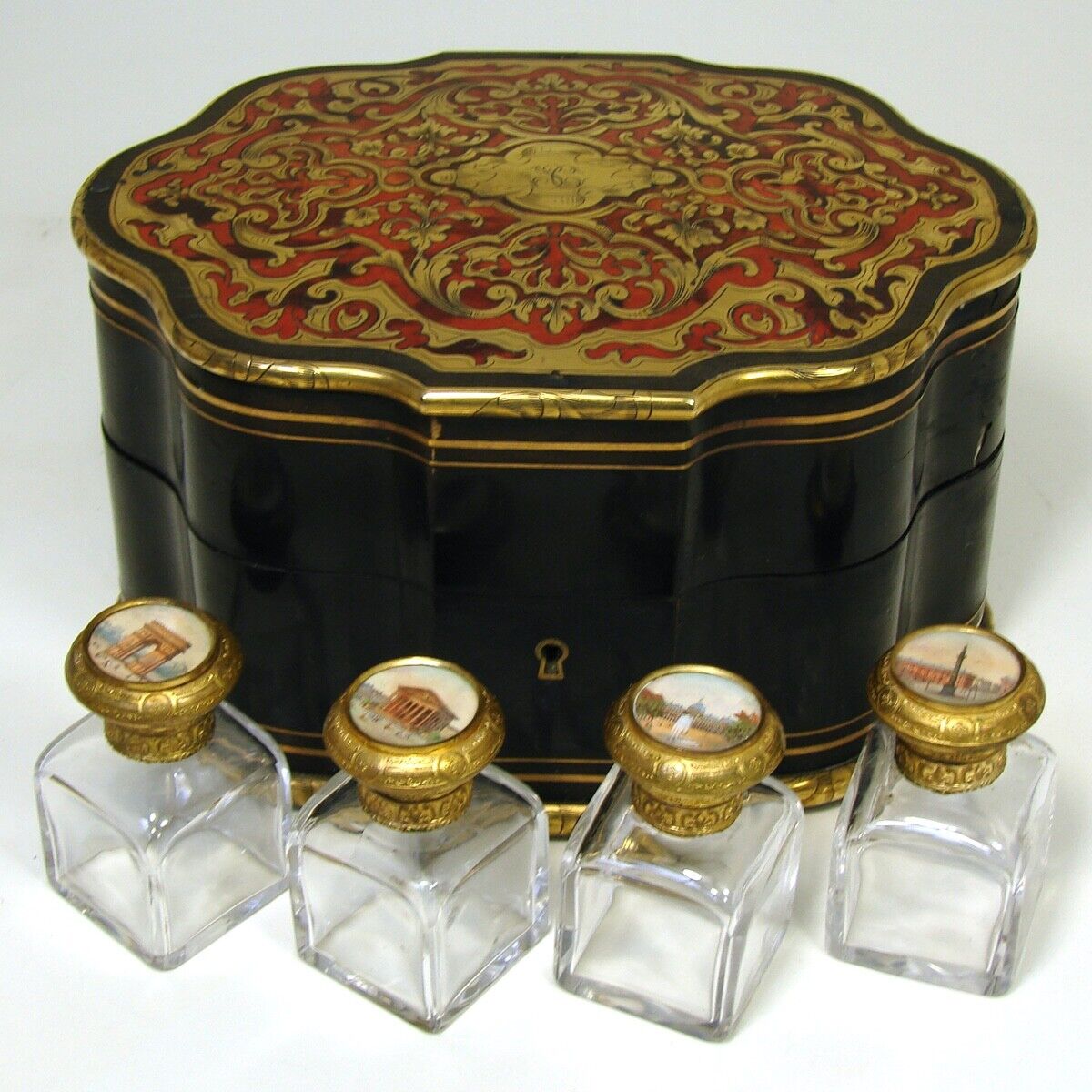 Lg Antique French Boulle Scent Caddy Casket, Four Paris Scene Eglomise Perfumes