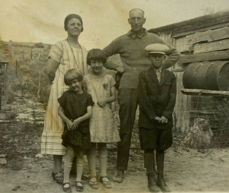 Family Standing Near Shed Man Woman Children B&W Photograph 2.5 x 3.5
