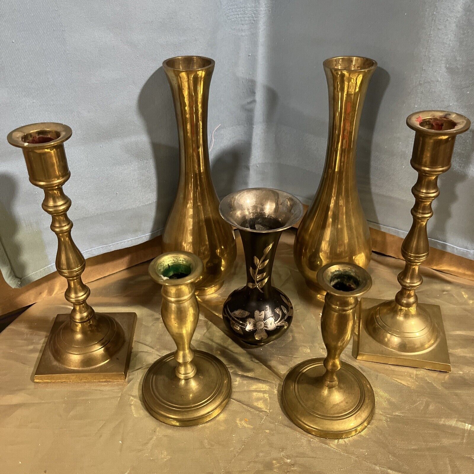 Vintage Brass Candlesticks, Candle Holder And Vases 7 Pieces