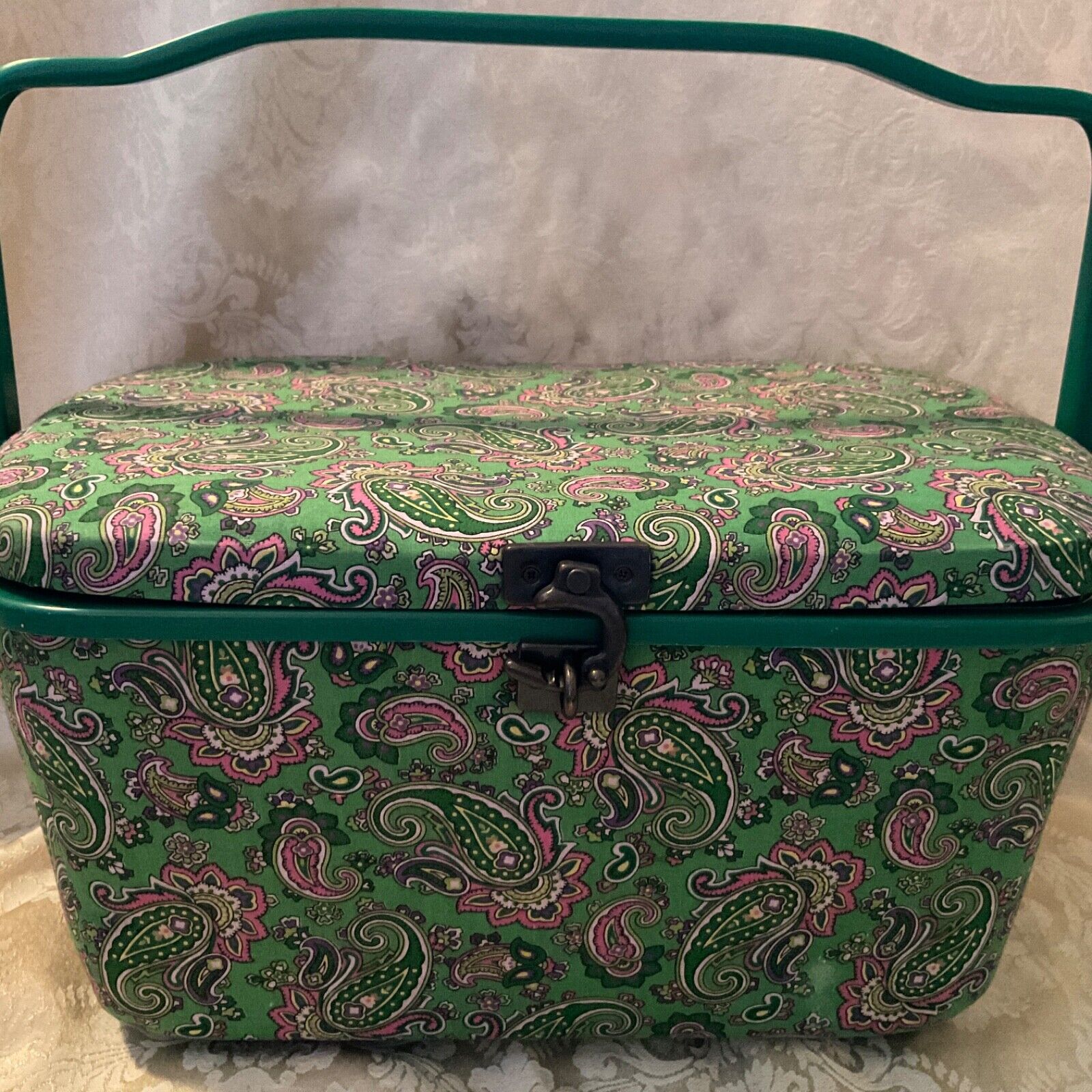 Dritz Large Retangular Sewing Basket with Extras 12.5x8.5x7 Green Pink Paisley