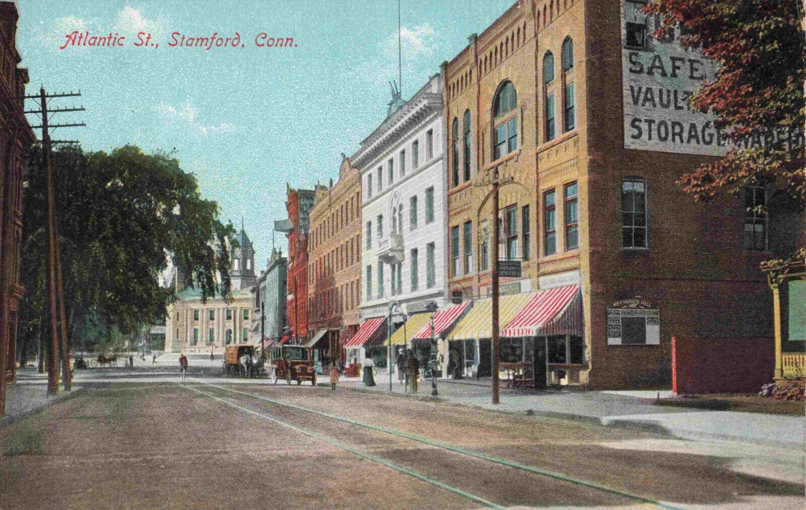 c1907 Stamford Connecticut Atlantic Street Trolley Lines Old Downtown Postcard