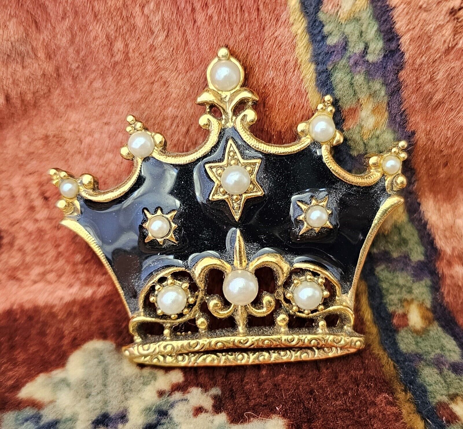 1928 Brand Enameled Crown /w Pearls Gold Tone  Pin Brooch Vintage Large