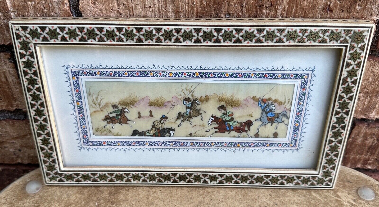 Painted Bone Art Horse Riders Khatam Frame Micro Mosaic Persian Iran