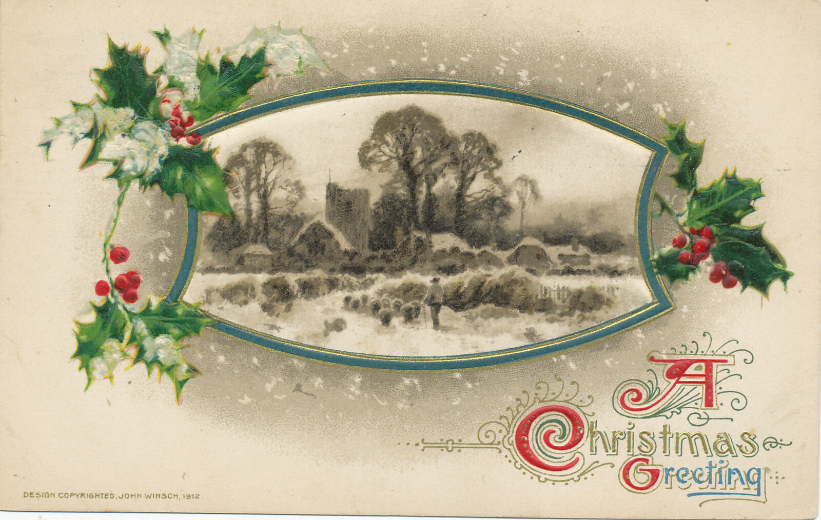 postcard - John Winsch 1912 Christmas Greeting - Sheep Shepard posted 1913