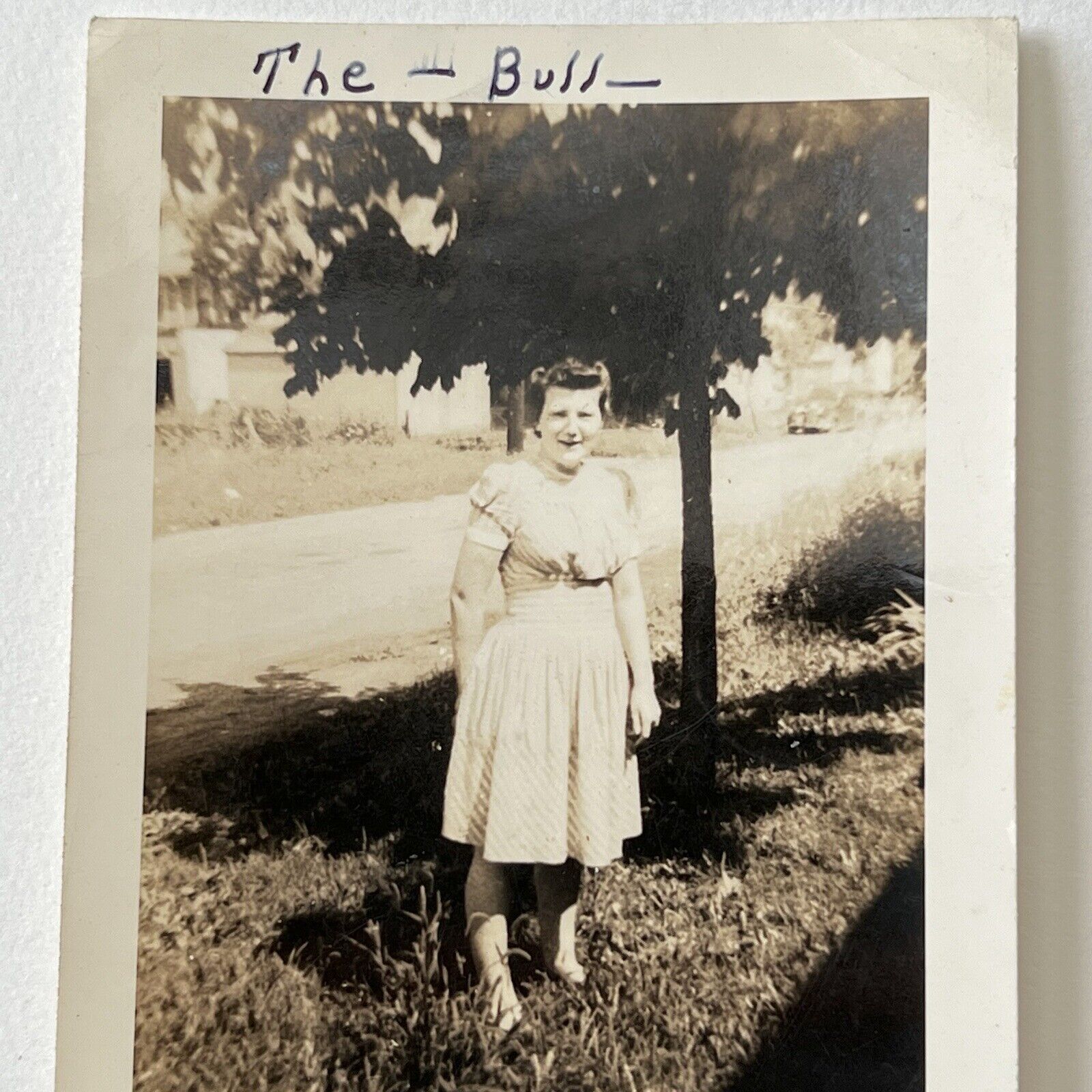 Vintage B&W Snapshot Photograph Young Woman 40s “The Bull” Fun