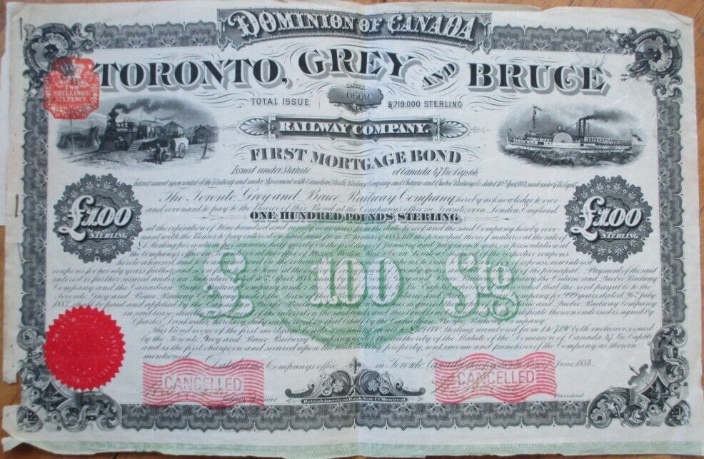 Toronto Grey and Bruce Railway 1884 Railroad Bond Certificate, Canada