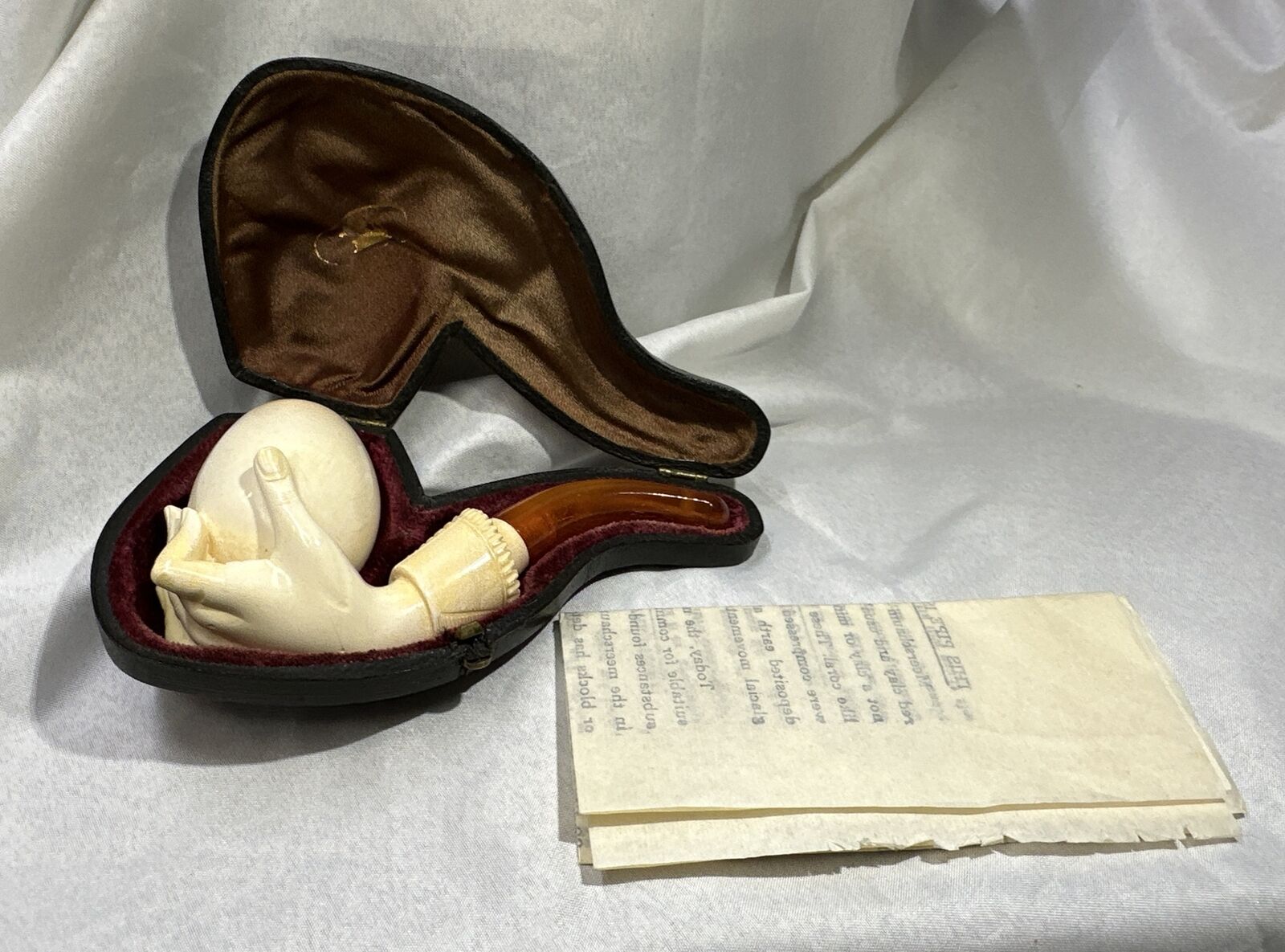 Lady Hand Holds Egg Pipe Block Meerschaum w/ Case Antique