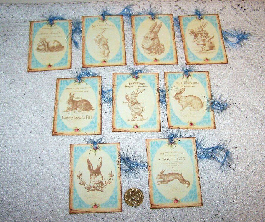 9~Easter~Shabby~Vintage~Rabbits~Le Lapin~French~Linen Cardstock~Gift~Hang~Tags