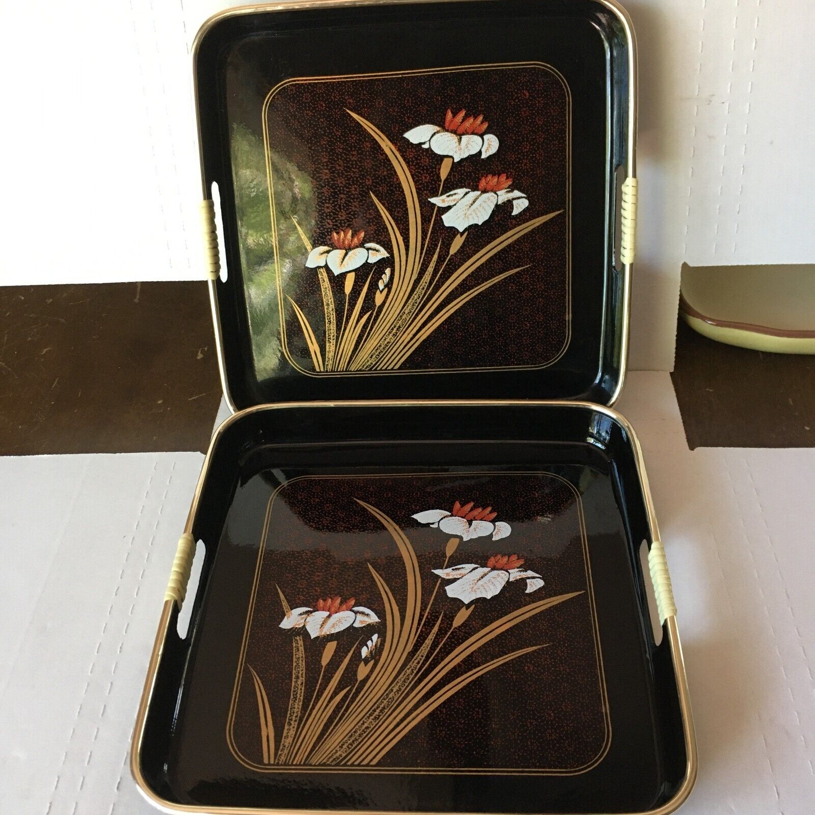 Japanese Black Lacquer Serving Trays Floral Set of 2 Square 10 1/2\