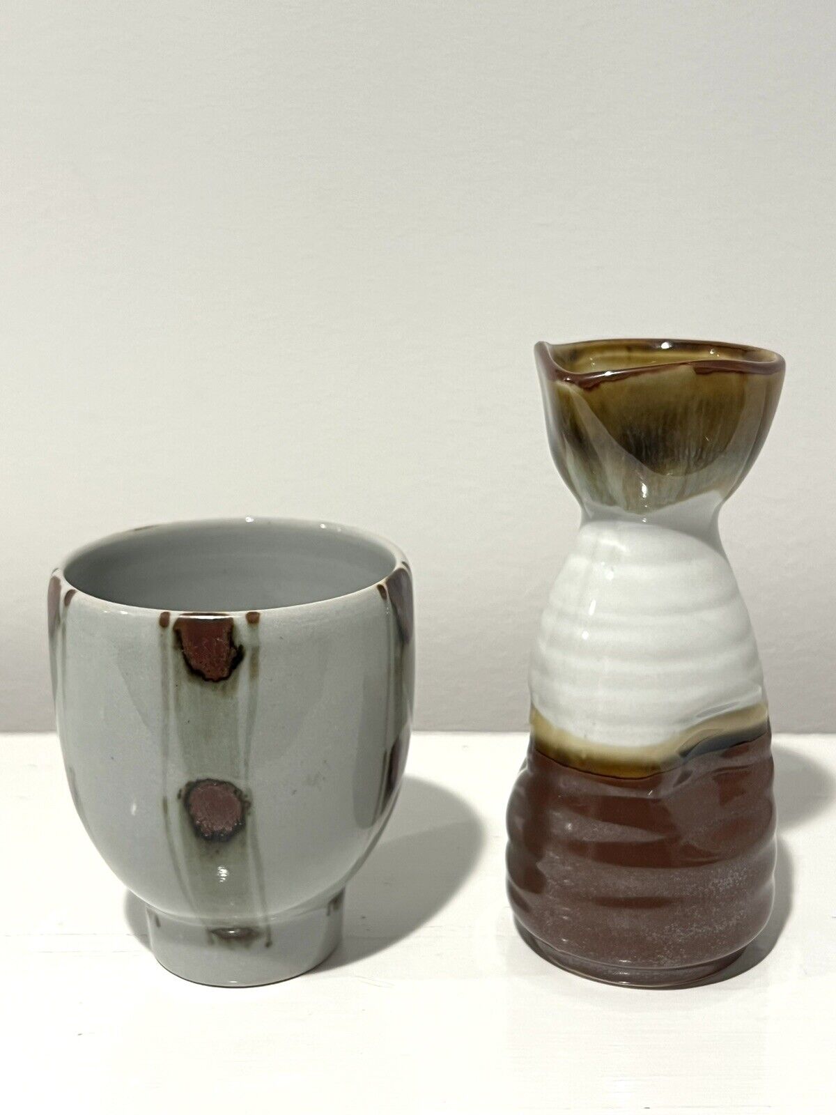 VINTAGE Japanese sake bottle brown glazed pottery and drinking vessel