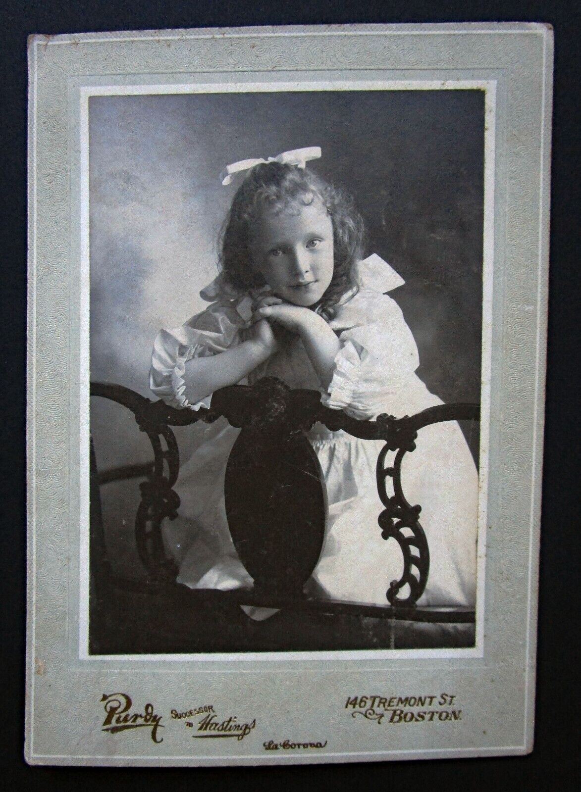Antique Photograph Young Girl Bow in Curly Hair White Puffy Dress Boston 1898