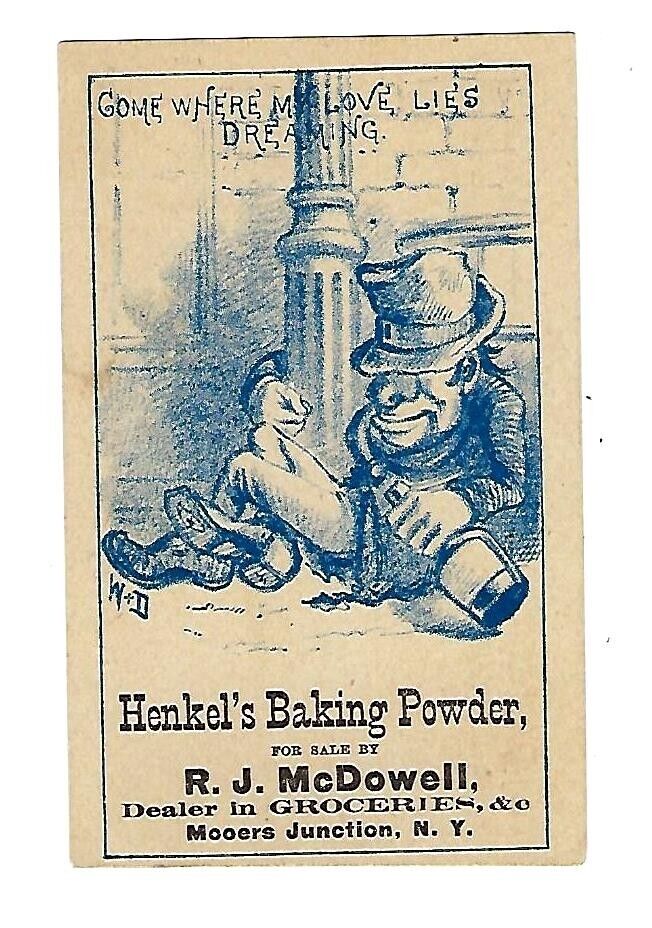 c1890 Victorian Trade Card Henkel\'s Baking Powder, Drunk Man Hugging Pole