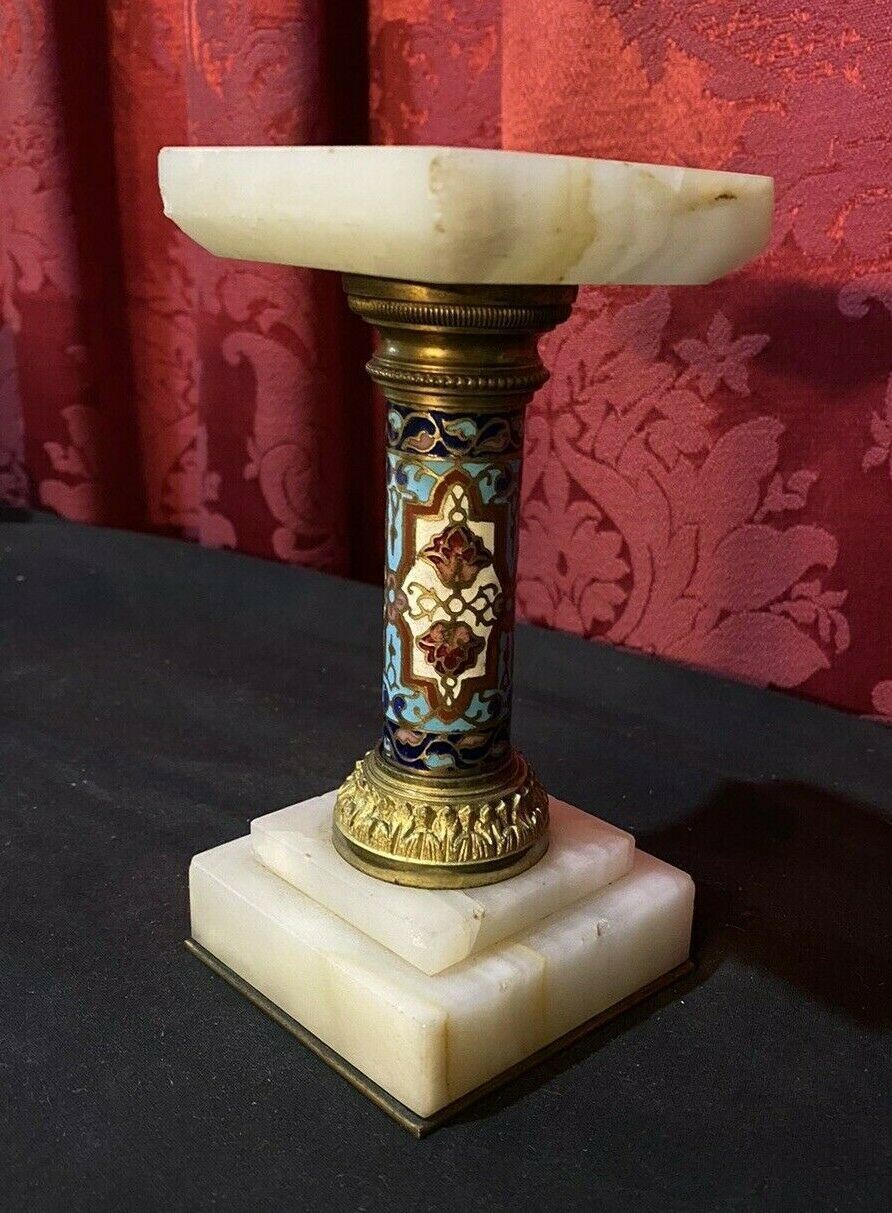MINIATURE ANTIQUE VICTORIAN MARBLE & CHAMPLEVE DECORATED PEDESTAL 5-3/4\